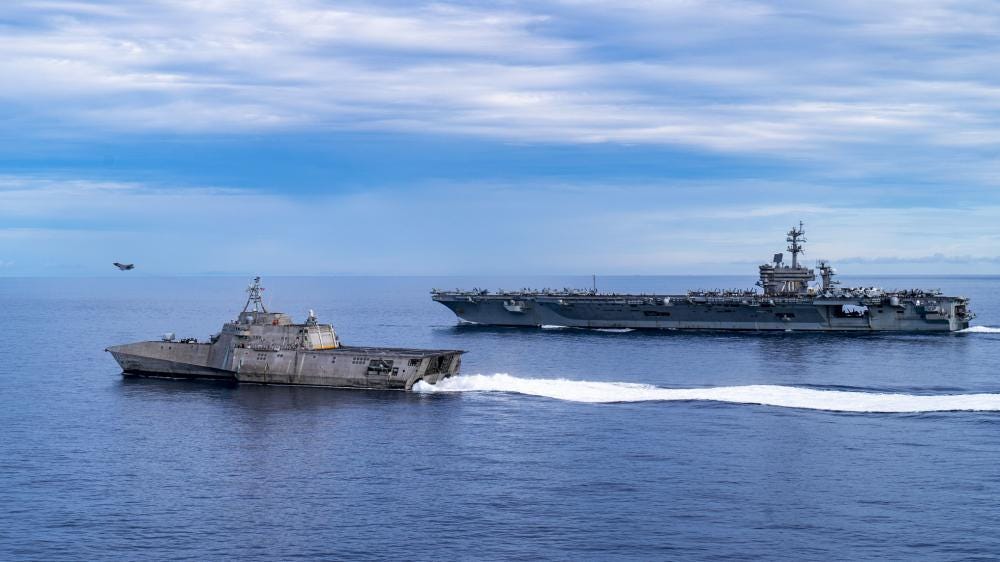 An F-35C Lightning II, assigned to the “Argonauts” of Strike Fighter Squadron (VFA) 147, launches from the flight deck of Nimitz-class aircraft carrier USS Carl Vinson (CVN 70) while the carrier transits the South China Sea with Independence-variant littoral combat ship USS Tulsa (LCS 16), Sept. 7, 2021