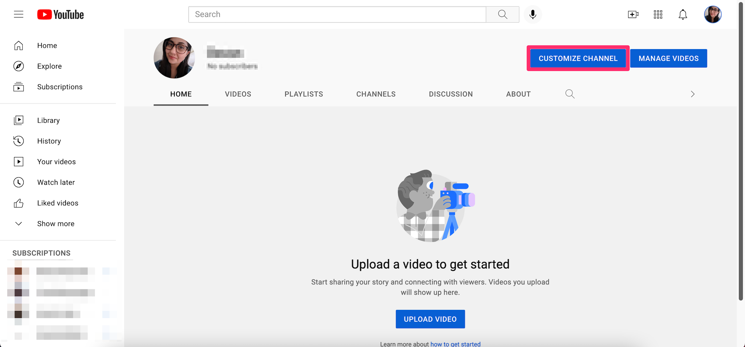 Screenshot of "Your channel" page on YouTube website