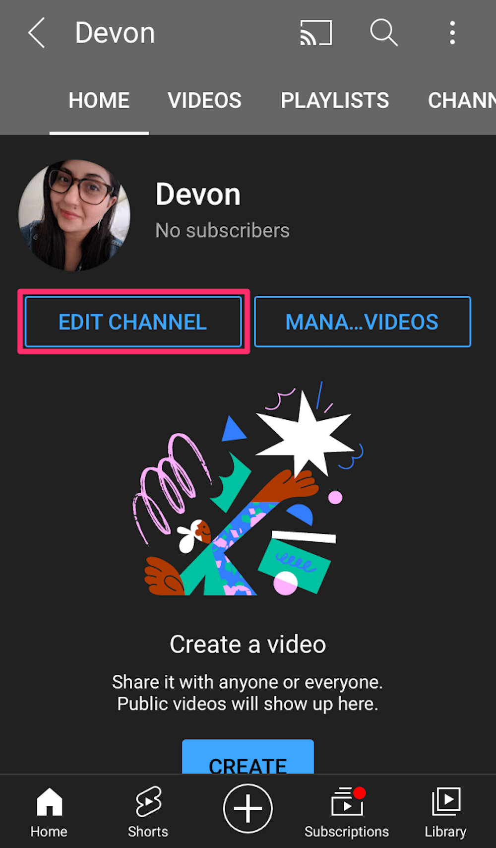 Screenshot of "Edit channel" button on YouTube app