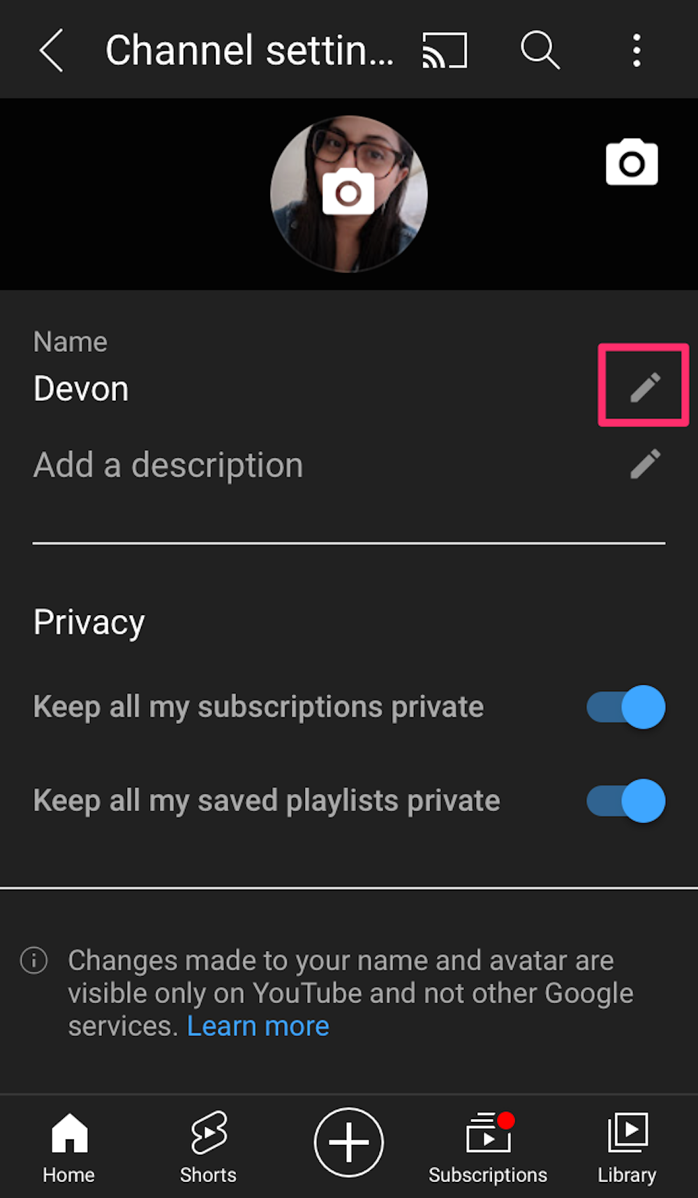 Screenshot of edit name button on YouTube app