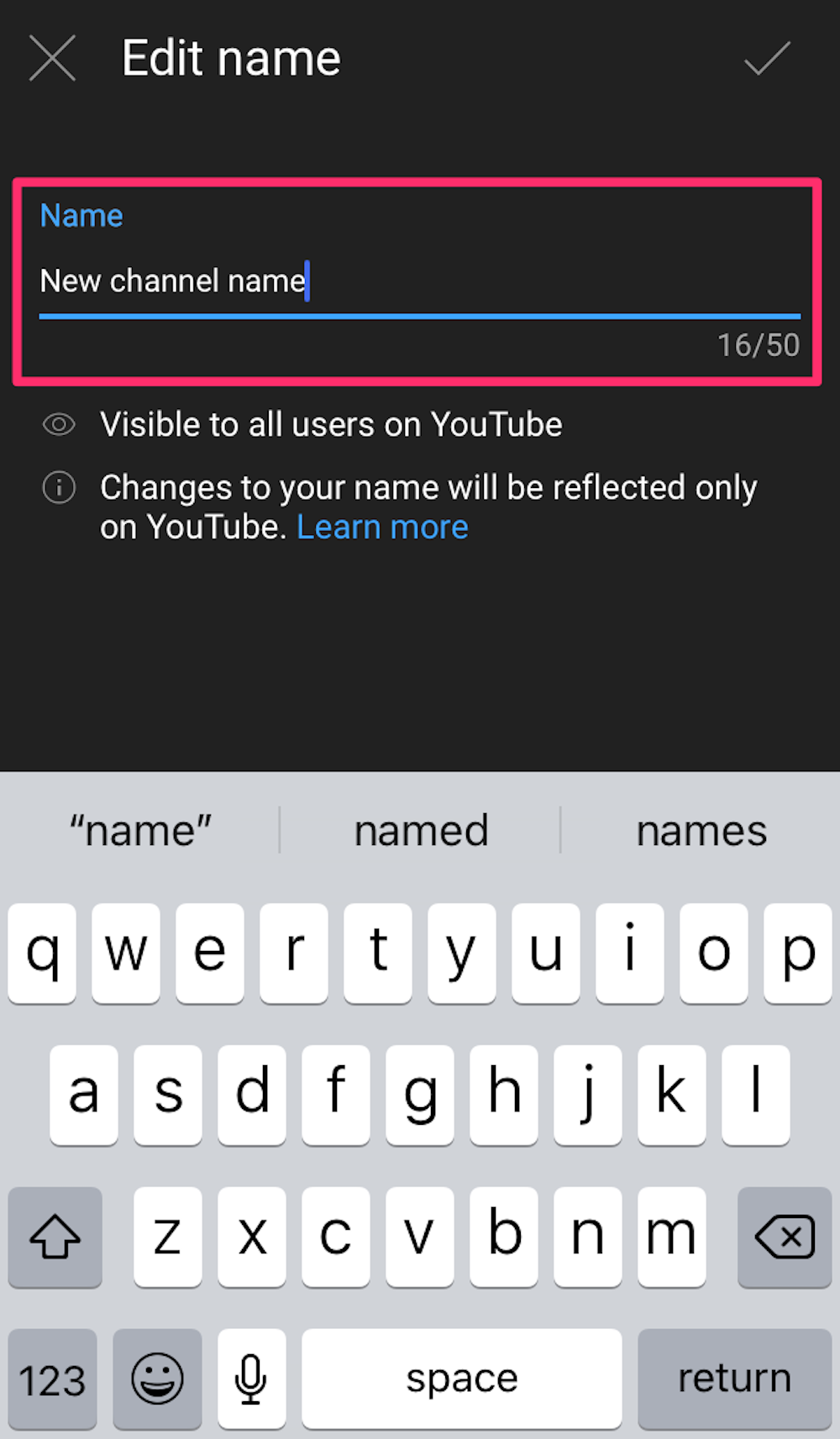 Screenshot of text box to edit name on YouTube app