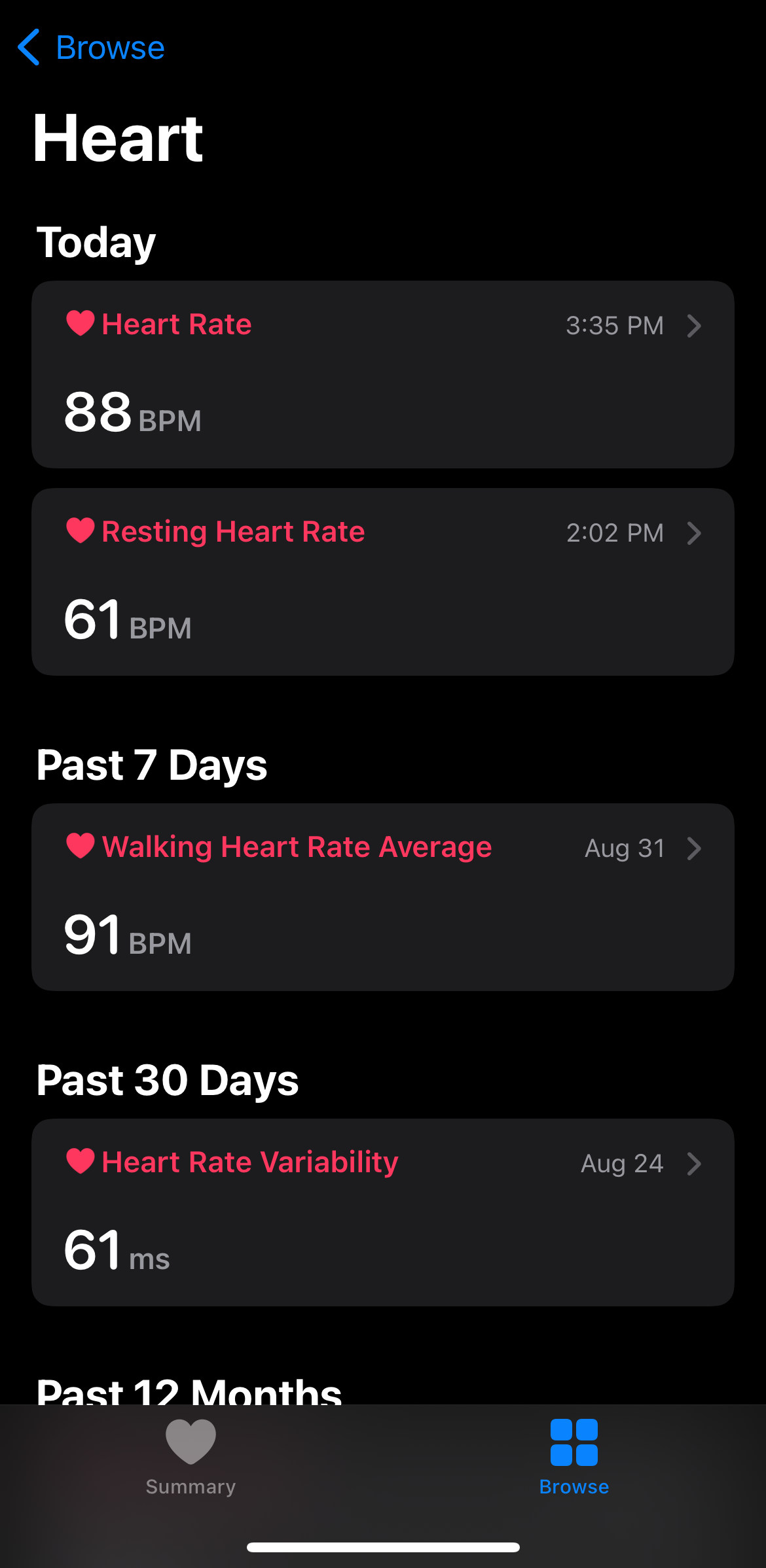 iPhone screenshot of the Heart page on the Health app