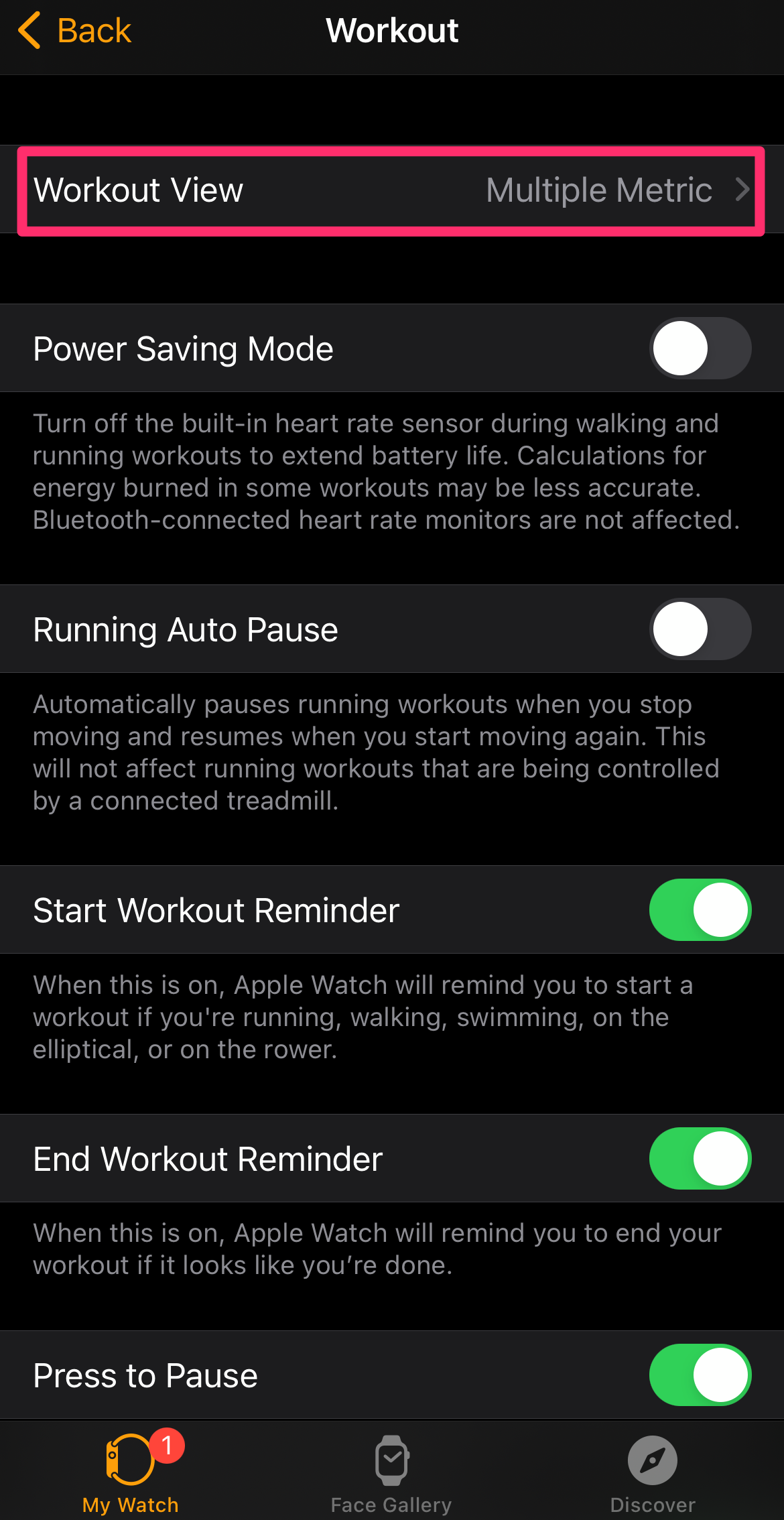 iPhone screenshot of the Workout screen on the iPhone Apple Watch app