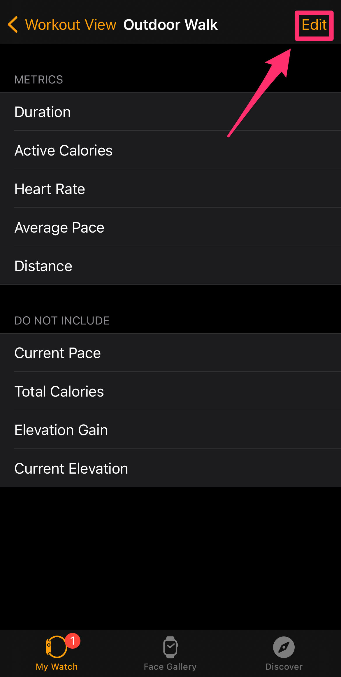 iPhone screenshot of the Outdoor Walk options screen on the iPhone Apple Watch app