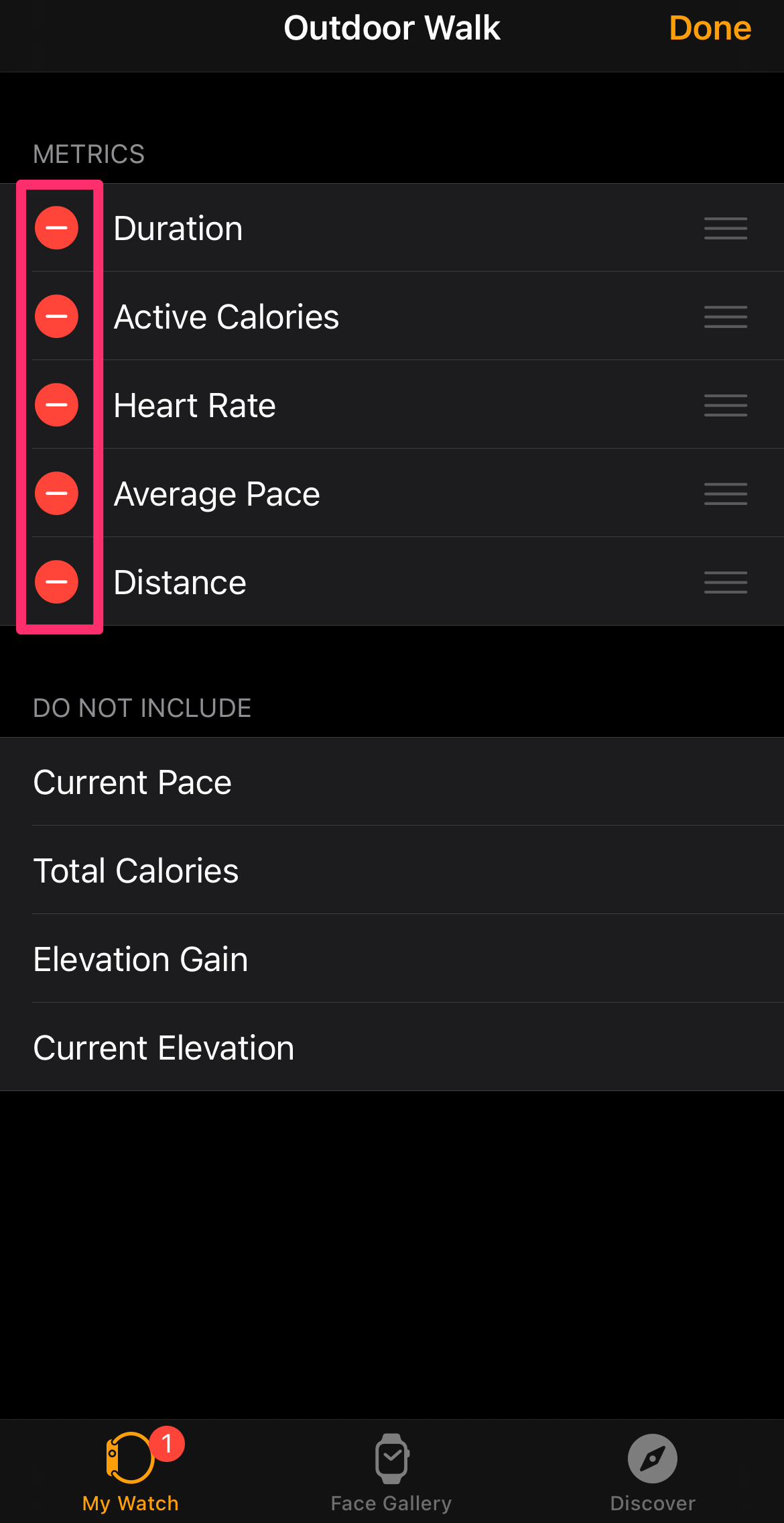 iPhone screenshot of the Outdoor Walk screen on the iPhone Apple Watch app with options to delete metrics highlighted
