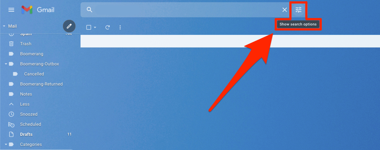 The Gmail website, with the "Search options" icon in the search bar highlighted.