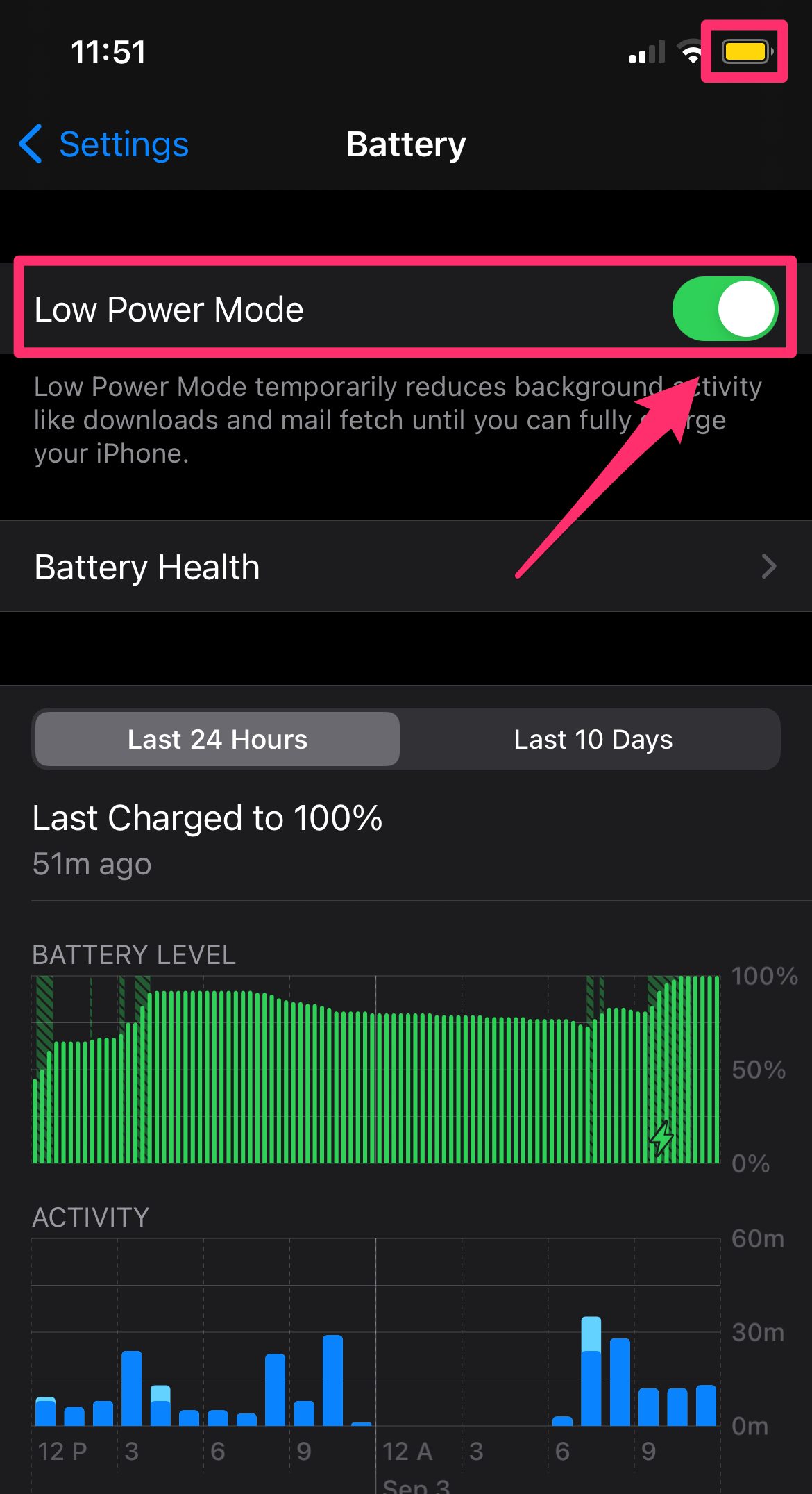 iPhone screenshot of the Battery page in the Settings app with the Low Power Mode option highlighted and on