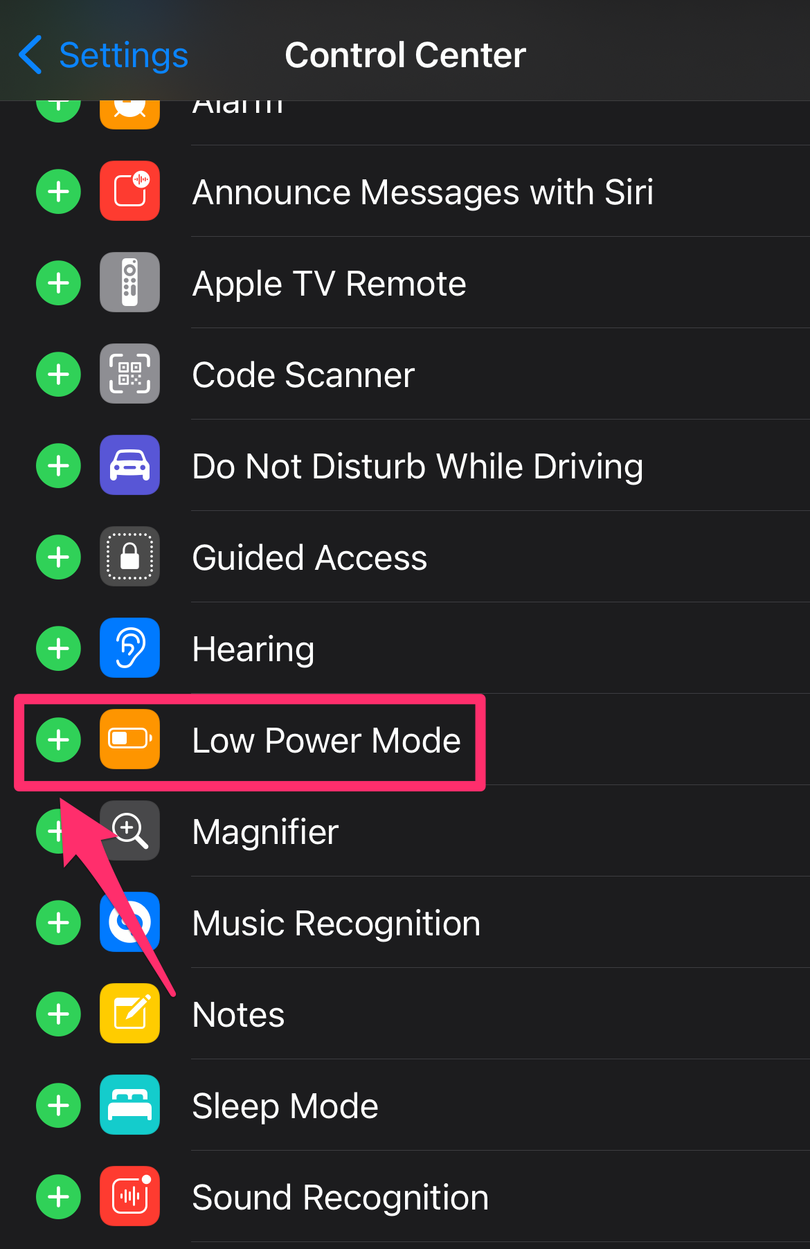 iPhone screenshot of the Control Center page in the Settings app with Low Power Mode highlighted