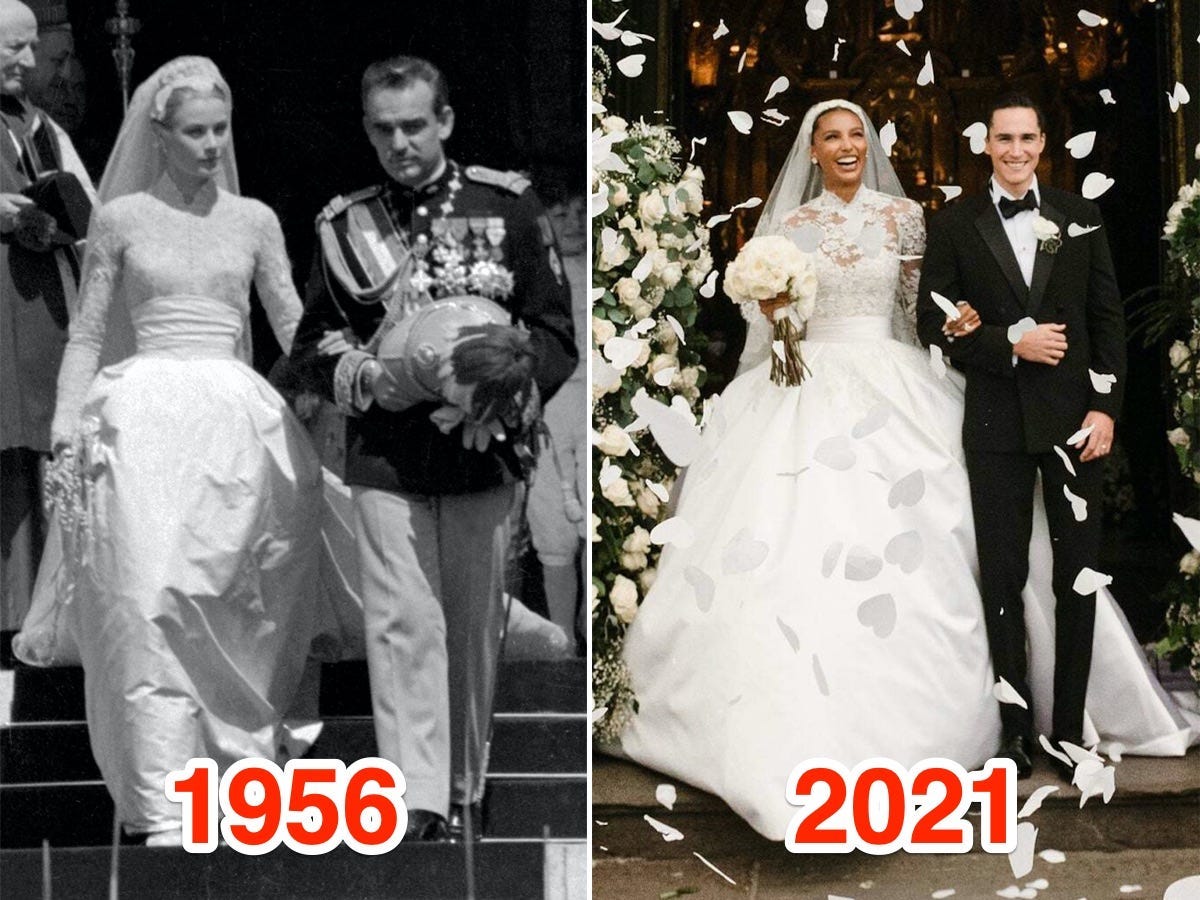 A side-by-side of Grace Kelly and Jasmine Tookes' weddings.