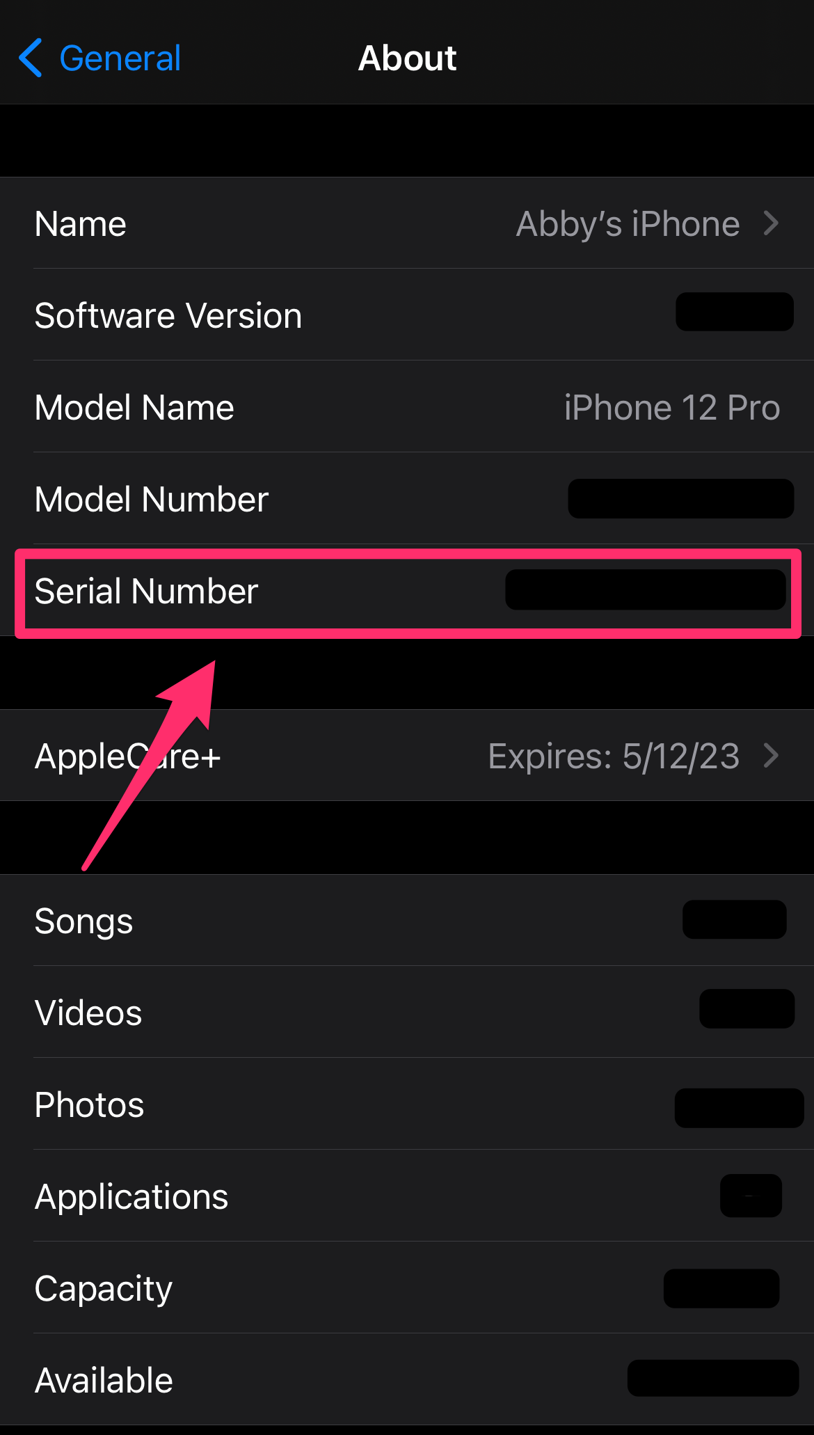 iPhone screenshot of the About page in the Settings app with the Serial Number highlighted