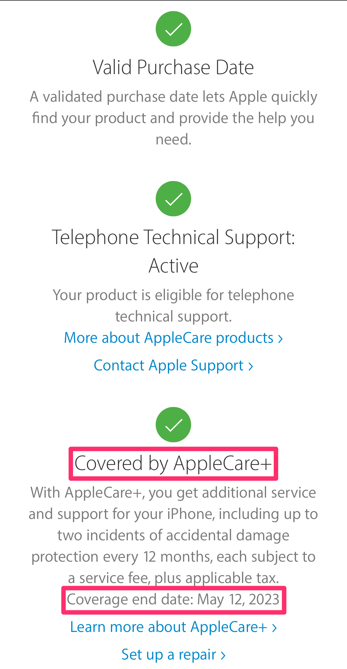 iPhone screenshot of the Apple Warranty Service and Support Coverage page