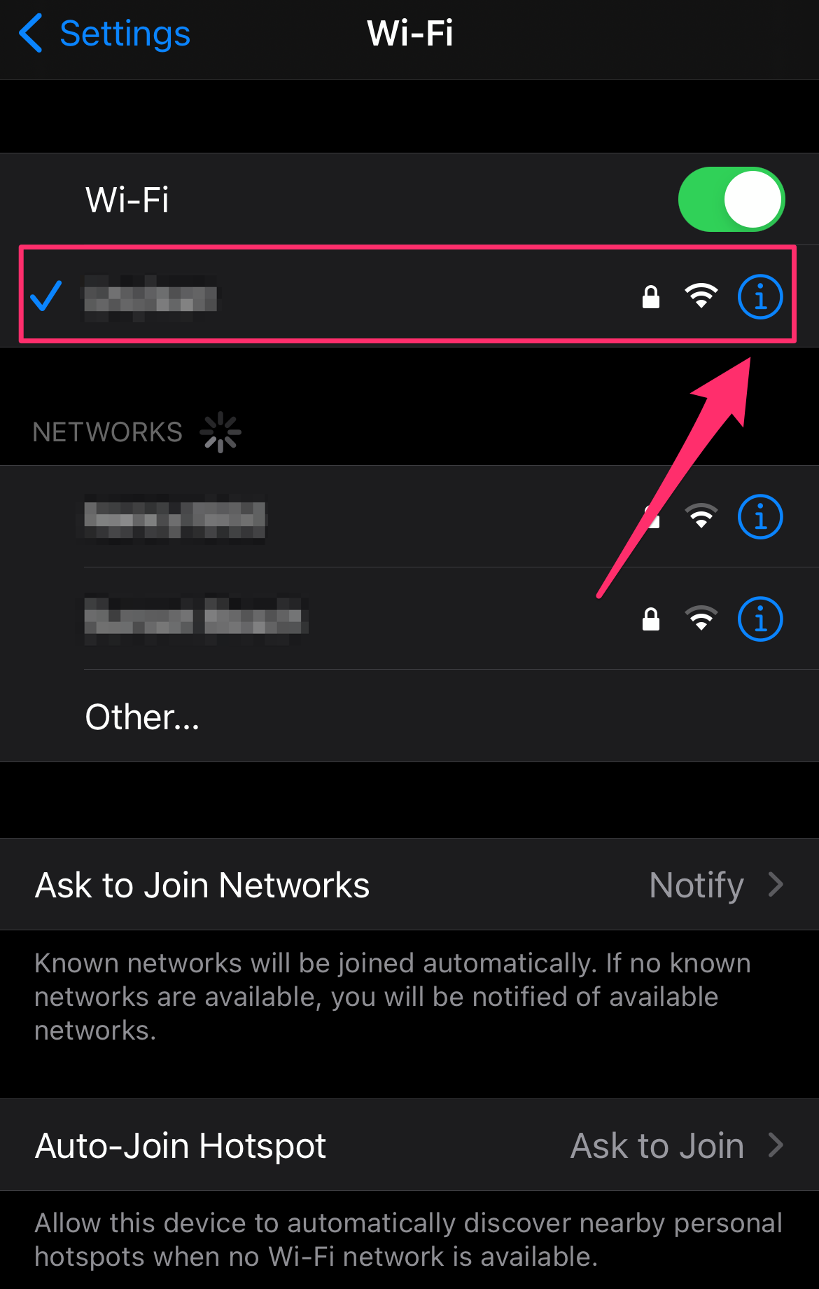 iPhone screenshot of the Wi-Fi section of the Settings app highlighting a Wi-Fi network