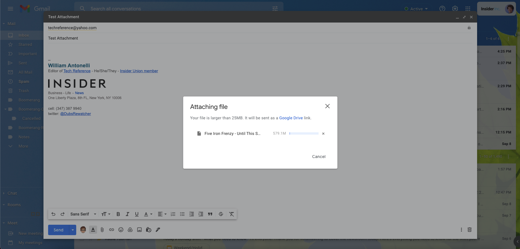 A Gmail message saying that the attached file is too large, and will be sent as a Google Drive link.