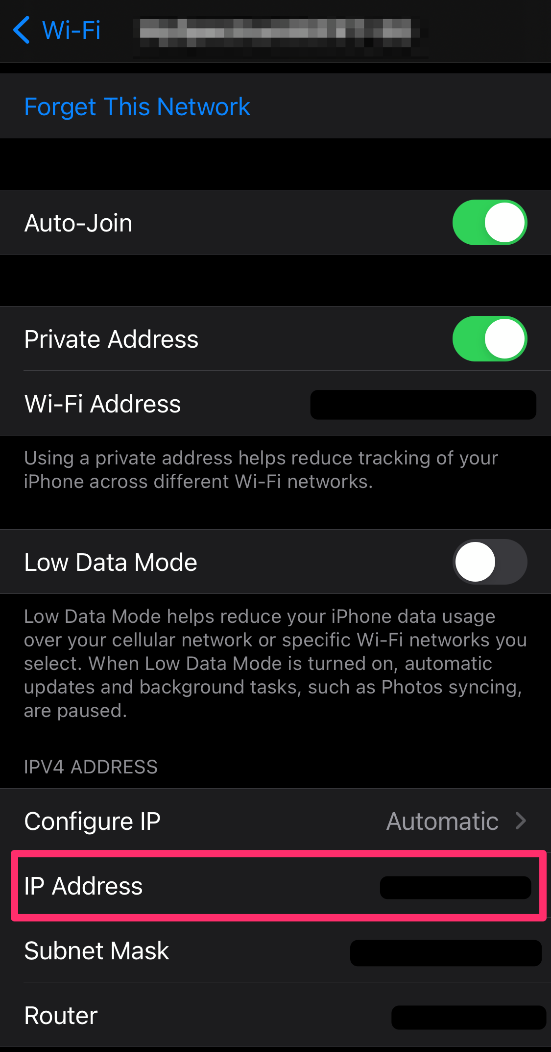 Screenshot of WiFi page in Settings listing IP address