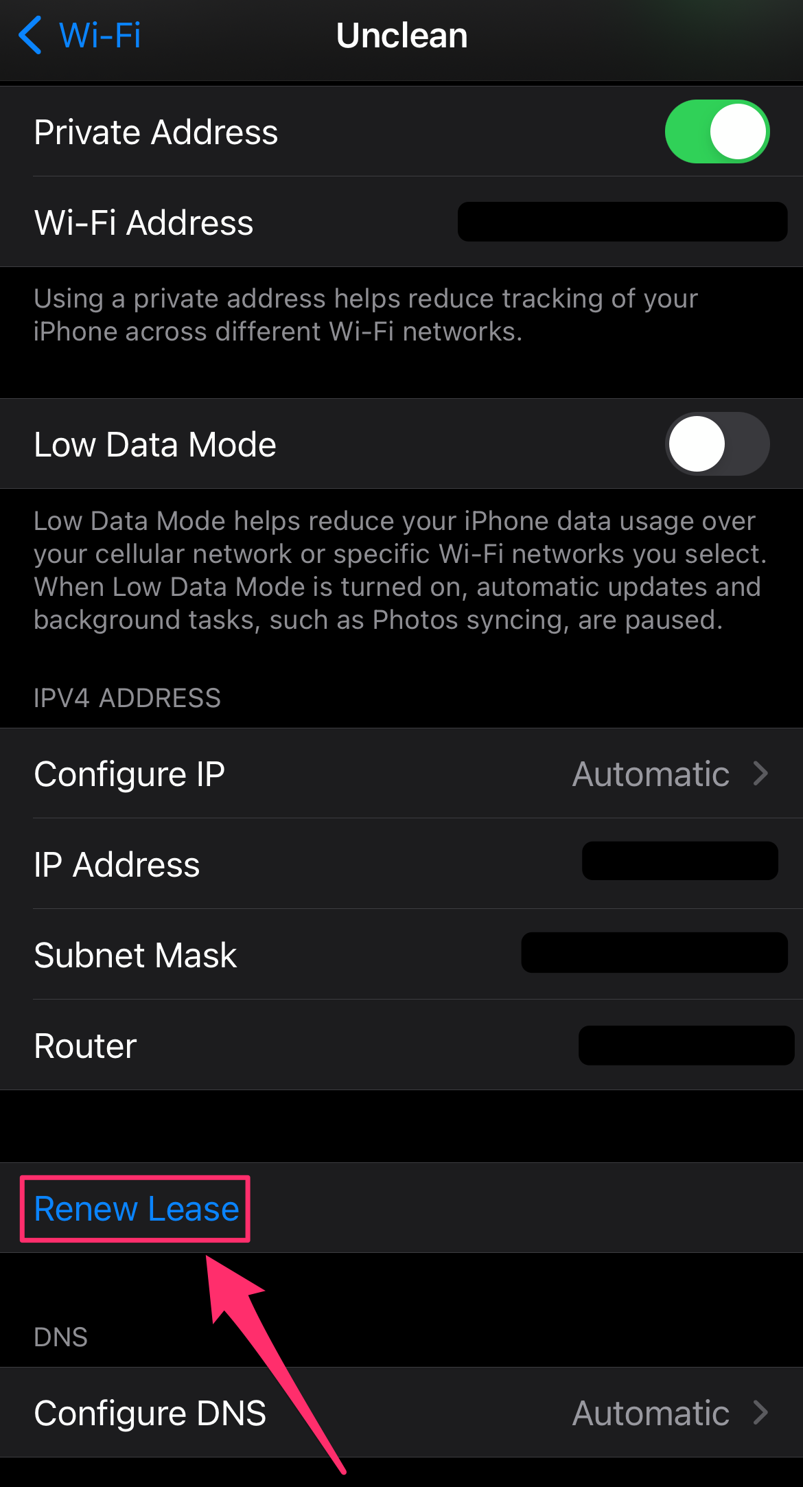 iPhone screenshot of the Wi-Fi section of the Settings app highlighting the Renew Lease option