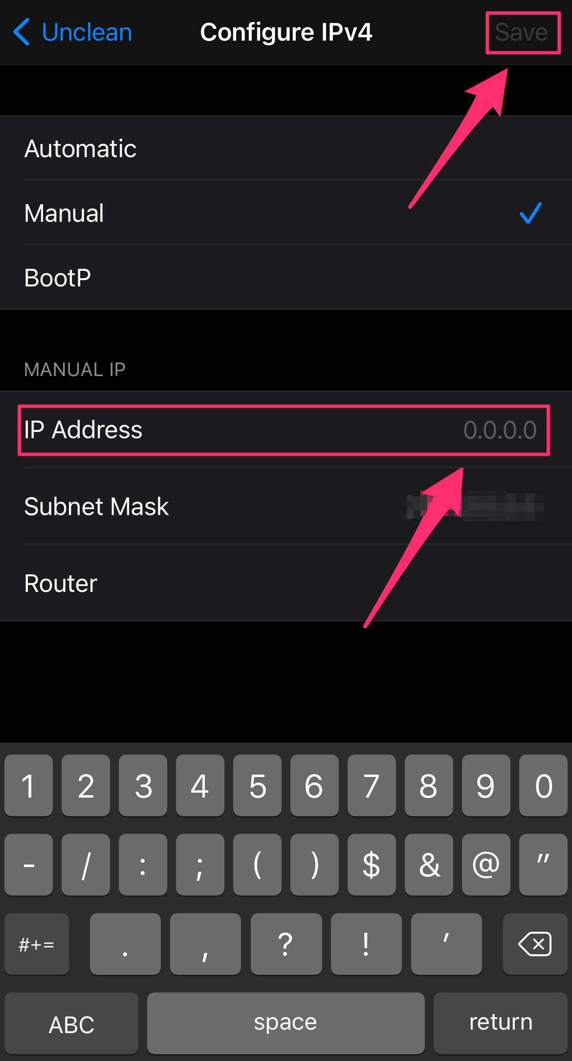 iPhone screenshot of the Configure IPv4 page