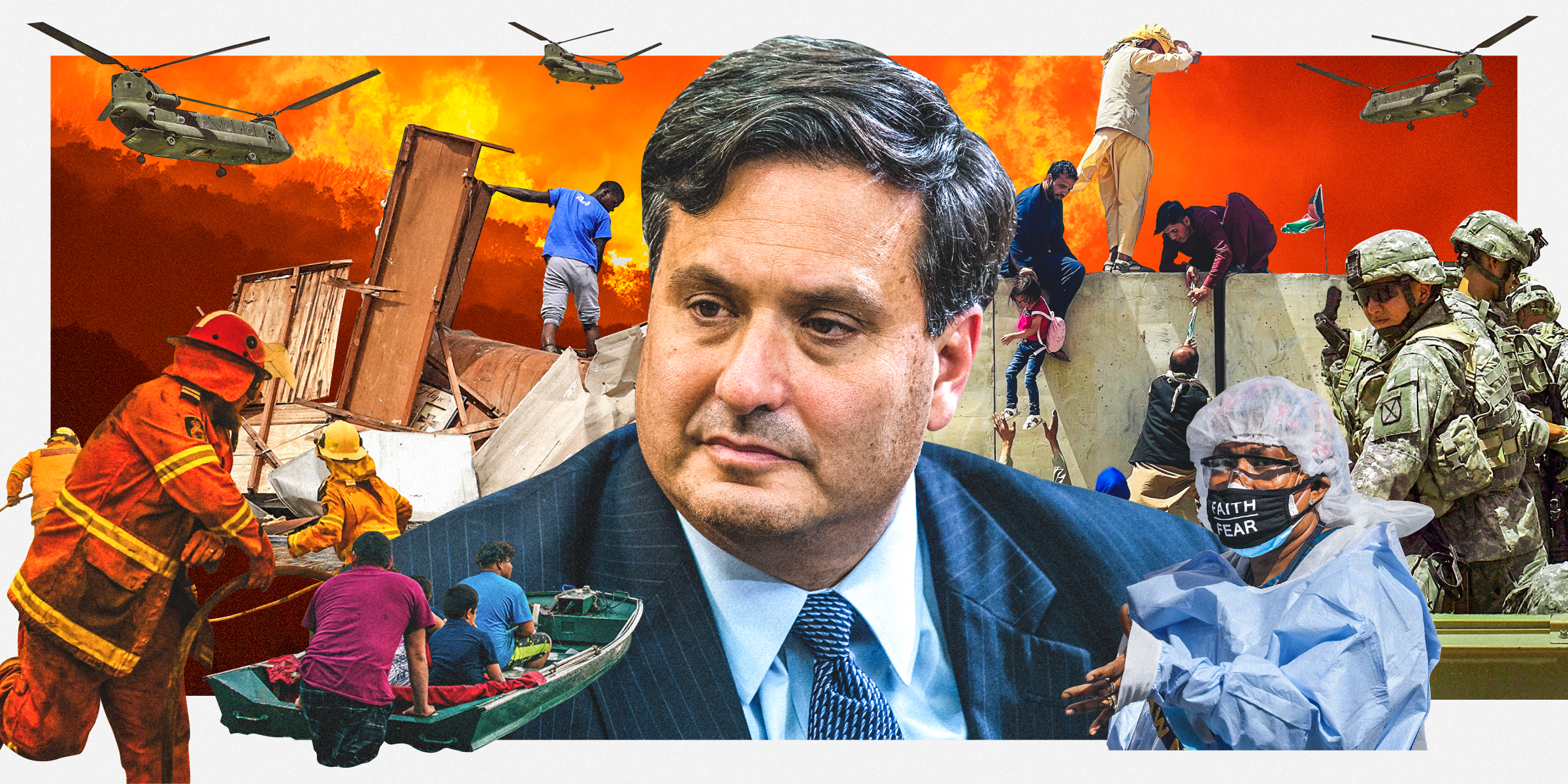 White House Chief of Staff, Ron Klain, with firefighters, Hurricane Ida victims, fleeing Afghanis, American military troops, and a nurse in PPE around him with military Chinook helicopters in the air and a large wildfire in the background.
