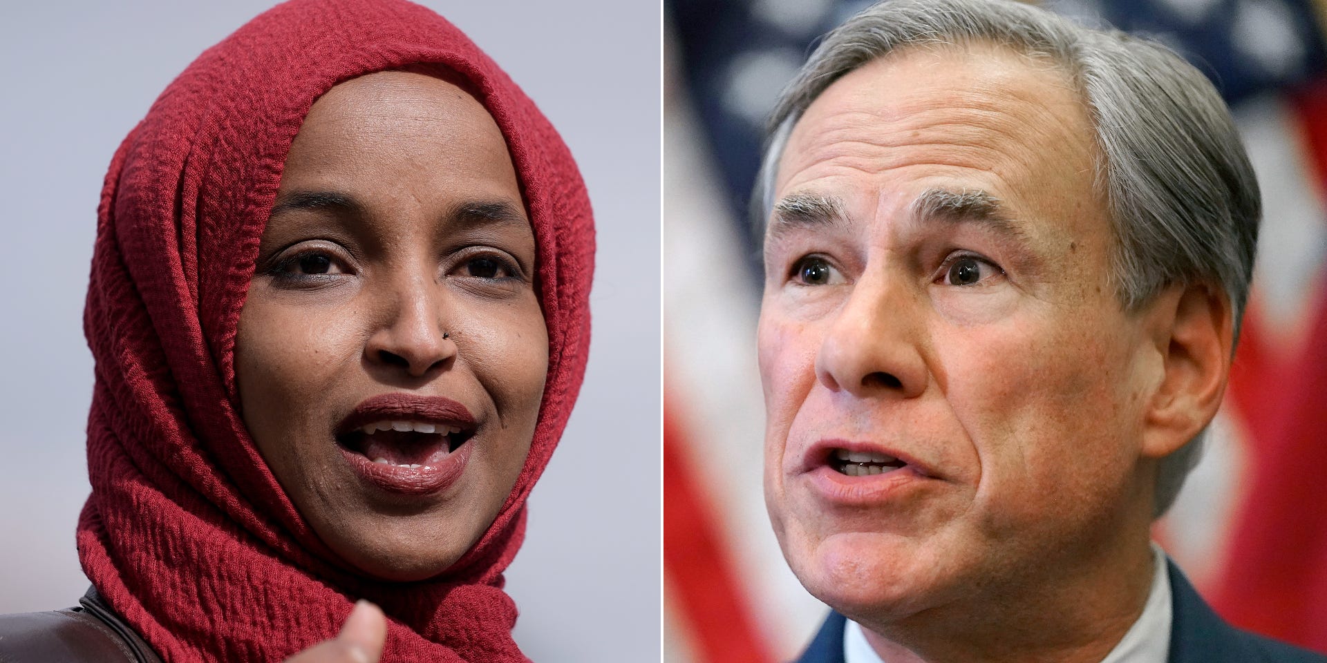 Side by side close up photos of Rep. Ilhan Omar and Texas Gov. Greg Abbott