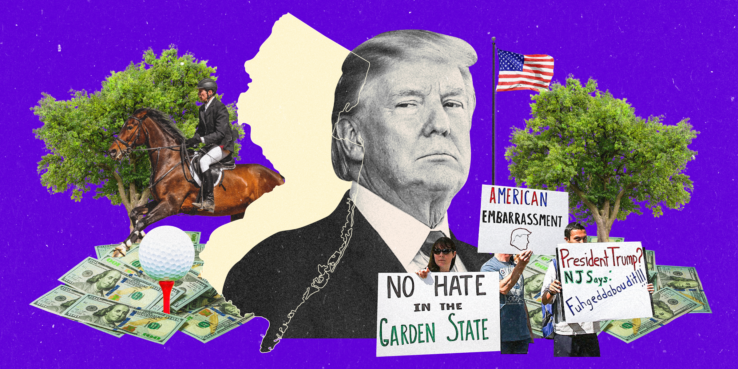 Donald Trump coming out of a New Jersey state shape surrounded by trees, an equestrian, the US flag, money, a golf ball on a tee, and protesters on an indigo background.