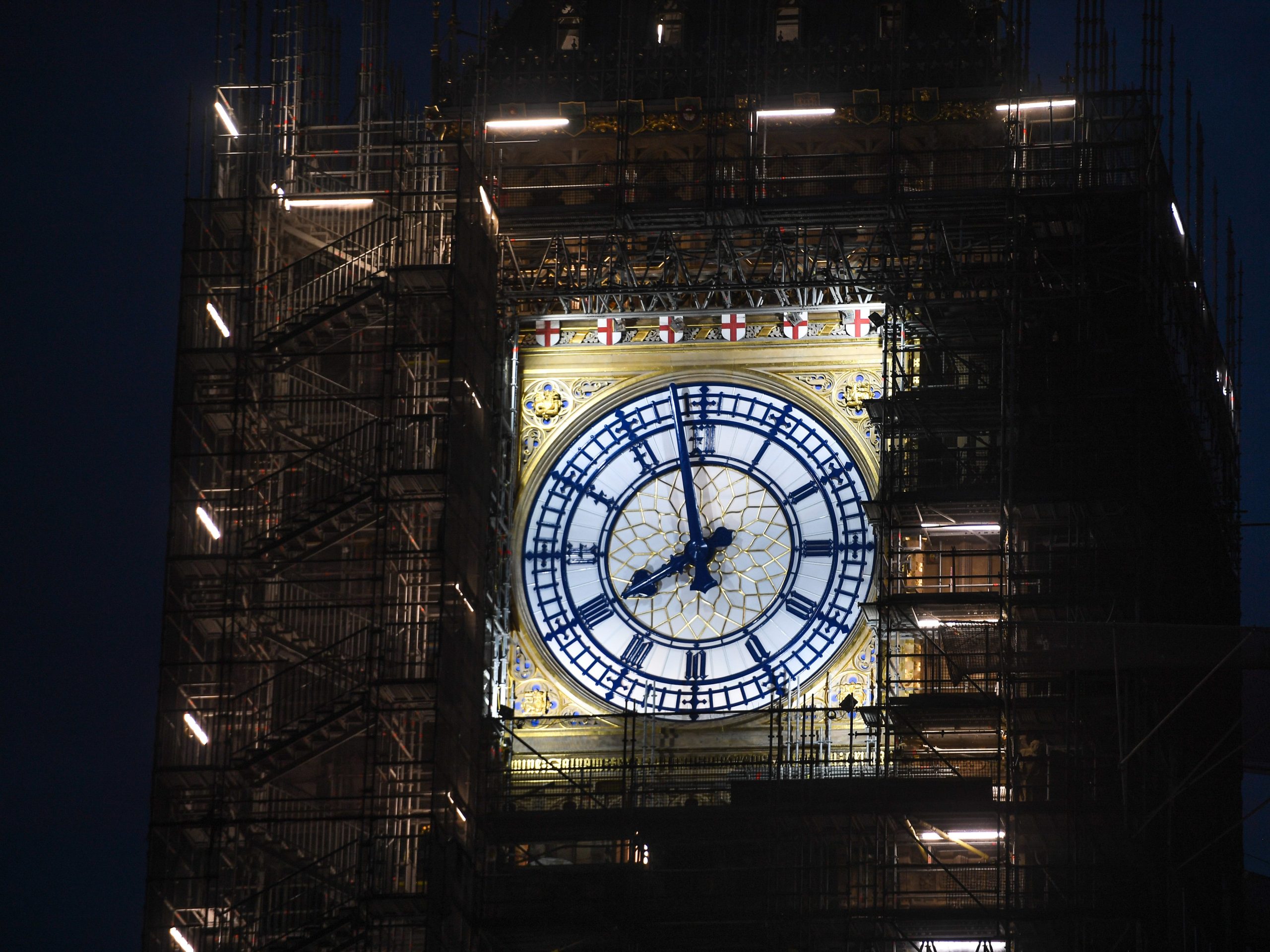 The clock hands of Big Ben are blue