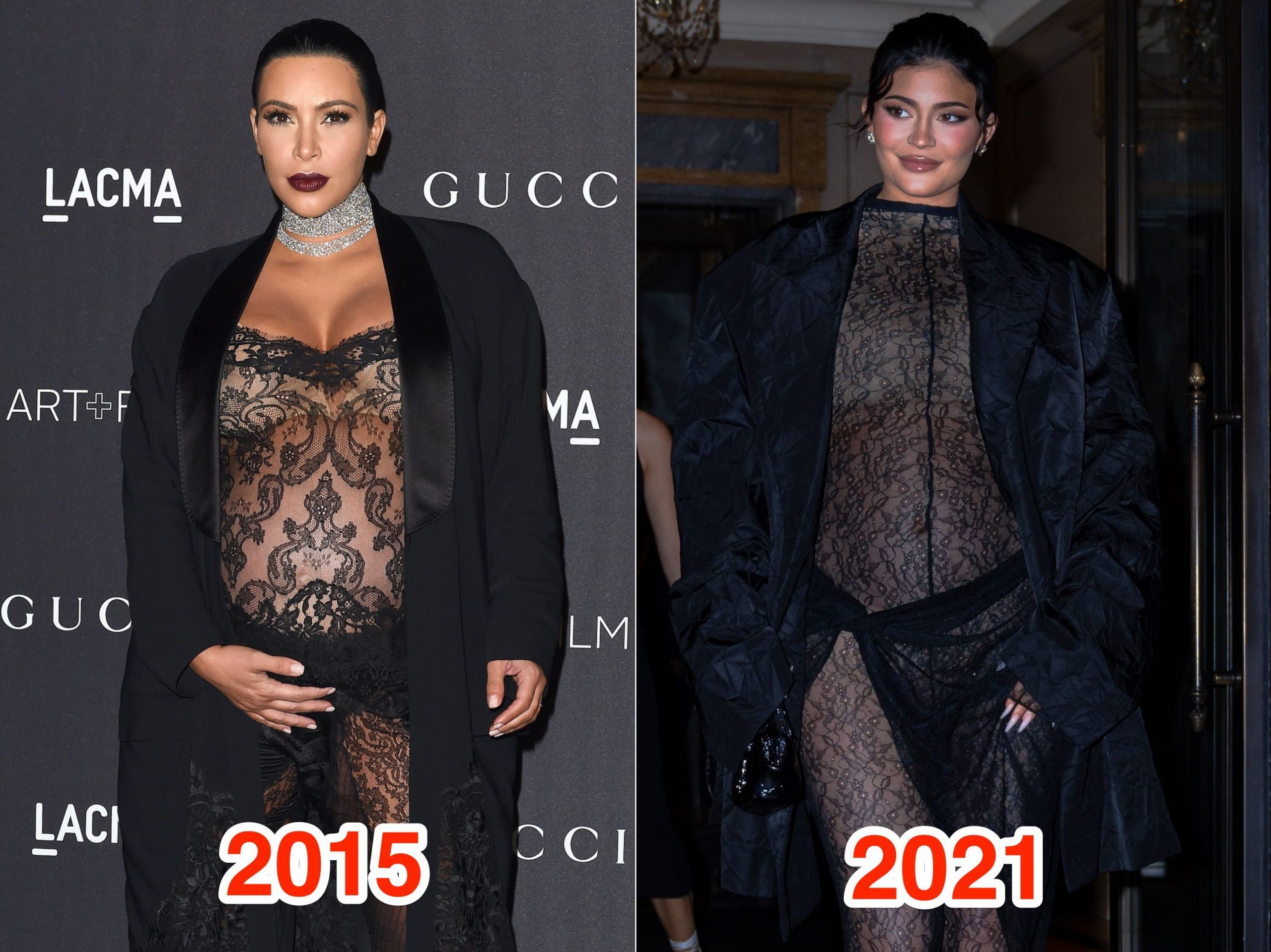 Jenner's see-through jumpsuit is similar to the Givenchy one sister Kim Kardashian wore in 2015.