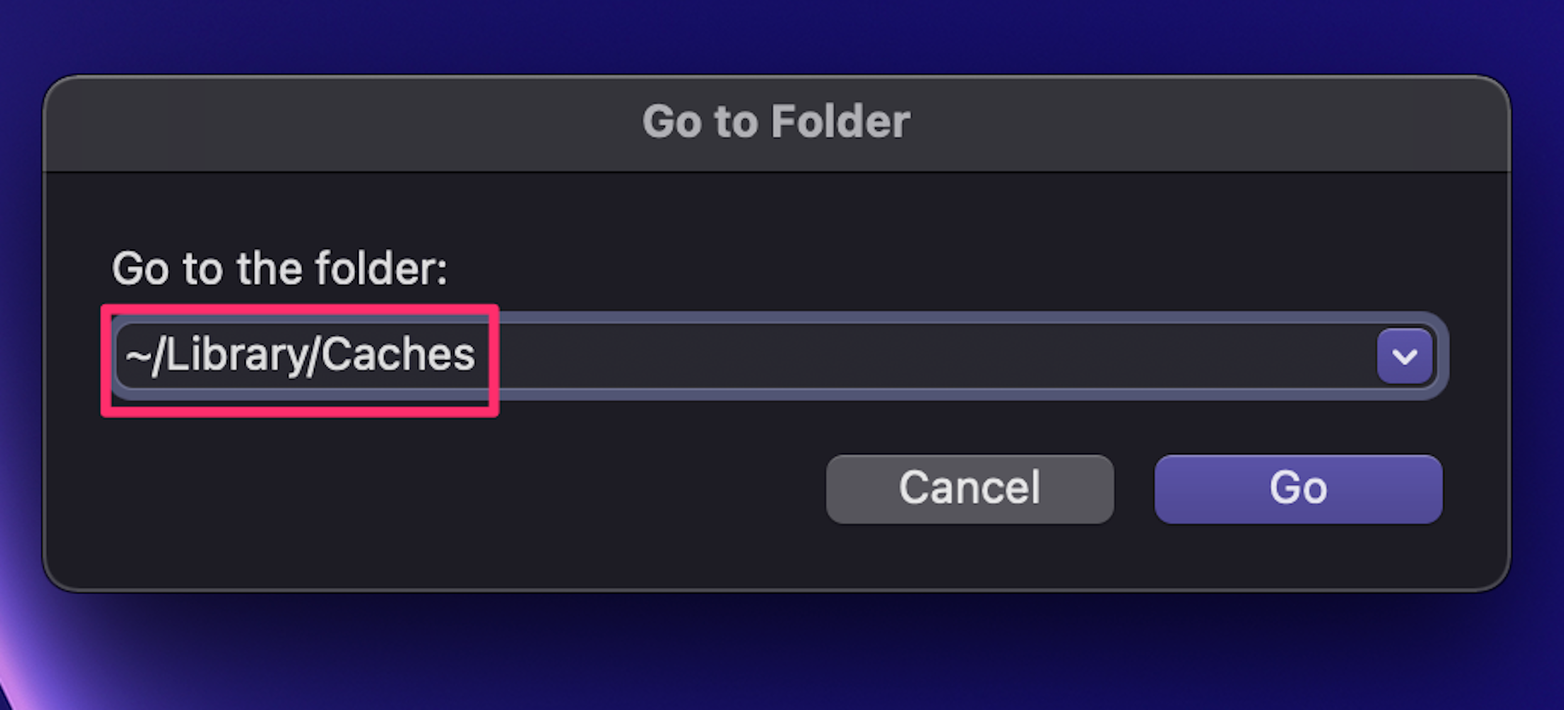 iMac screenshot of a Go to Folder pop-up menu with ~/Library/Caches typed into the search box