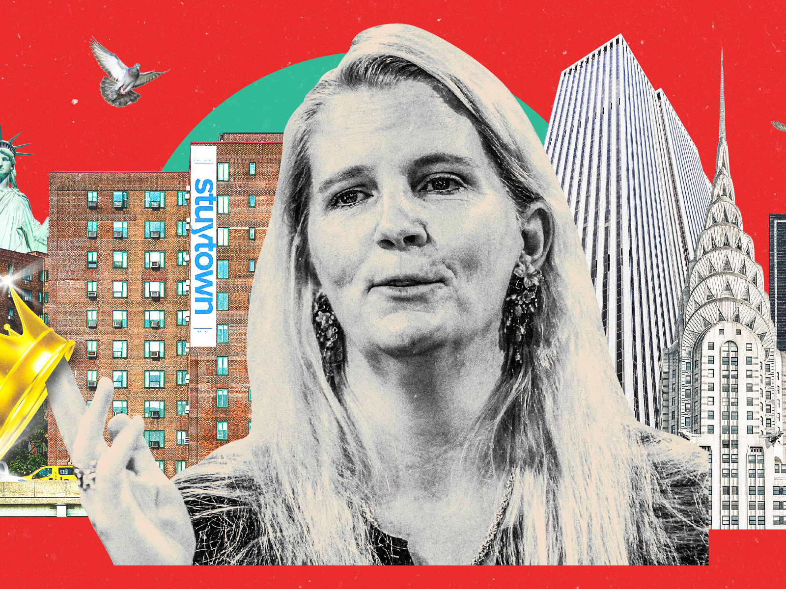 Darcy Stacom, Head of the NYC Capital Markets Group at CBRE, with a crown dangling off her hand surrounded by StuyTown apartments, GM Building, Chelsea Market signage, and the Chrysler building with the Statue of Liberty and pigeons behind her on a red background.