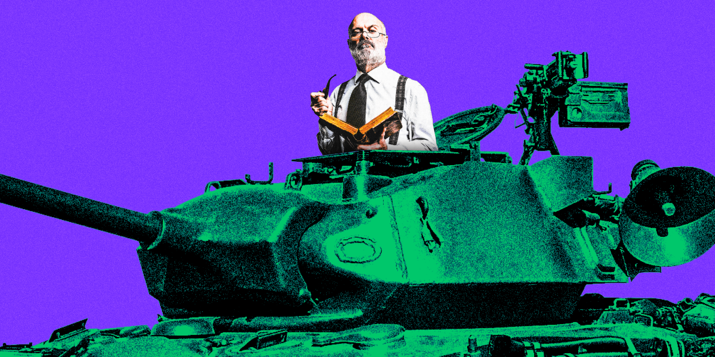 An older academic figure holding a smoking pipe in one hand and a book in the other with an arrogant look on his face coming out of a green US military tank on a purple background