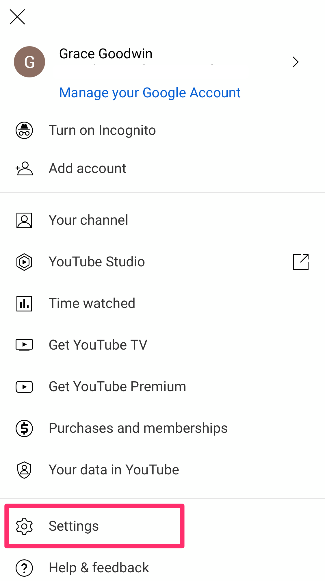 Screenshot of profile icon menu on YouTube app