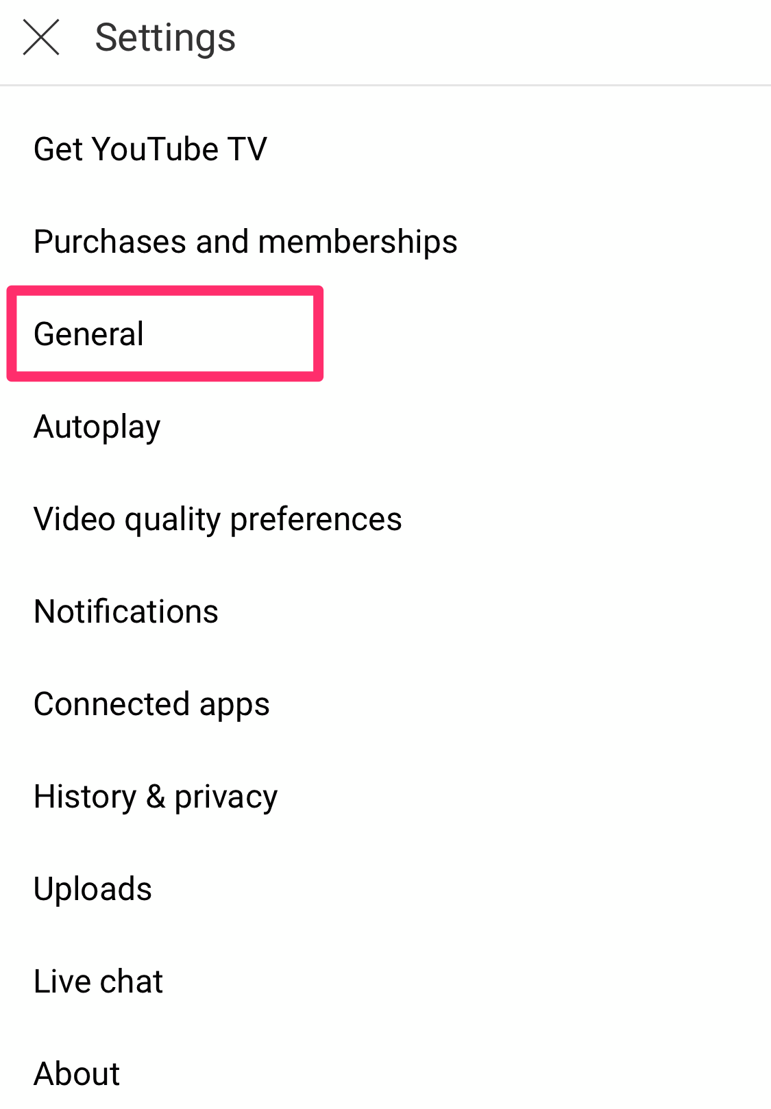 Screenshot of Settings page on YouTube app