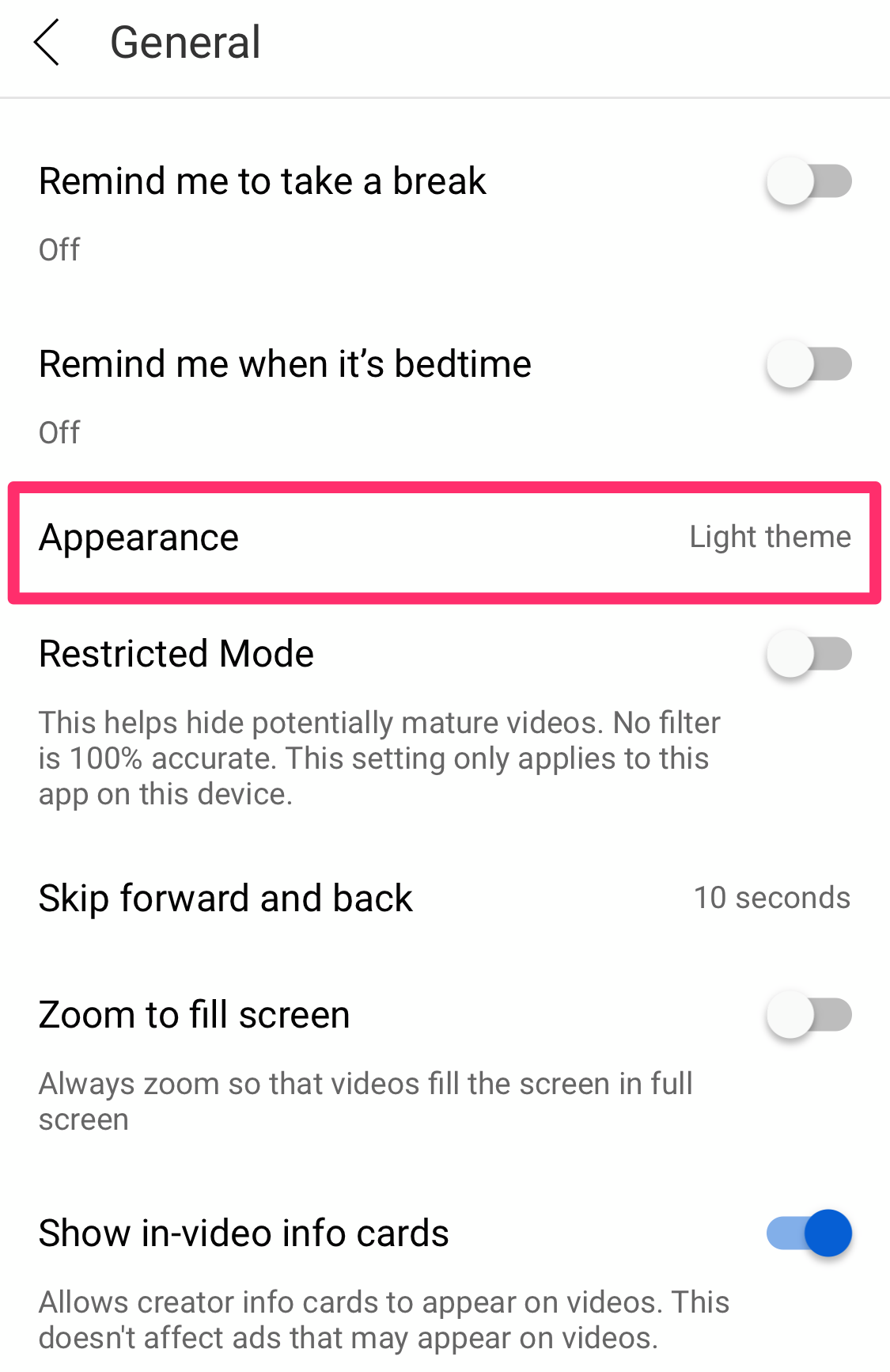 Screenshot of General Settings page on YouTube app