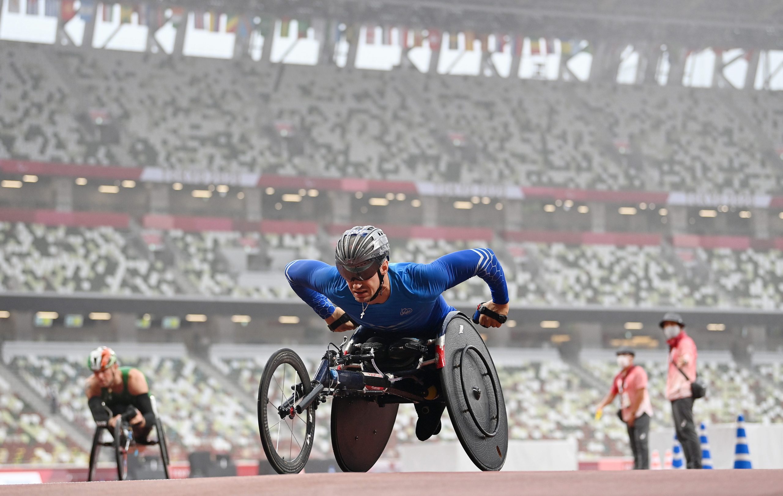 Vitali Gritsenko of Team RPC competing in the men's marathon T52 during the 2020 Tokyo Paralympics.
