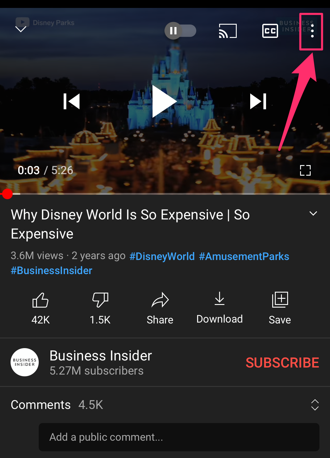 Screenshot of three-dot icon on video on YouTube mobile app