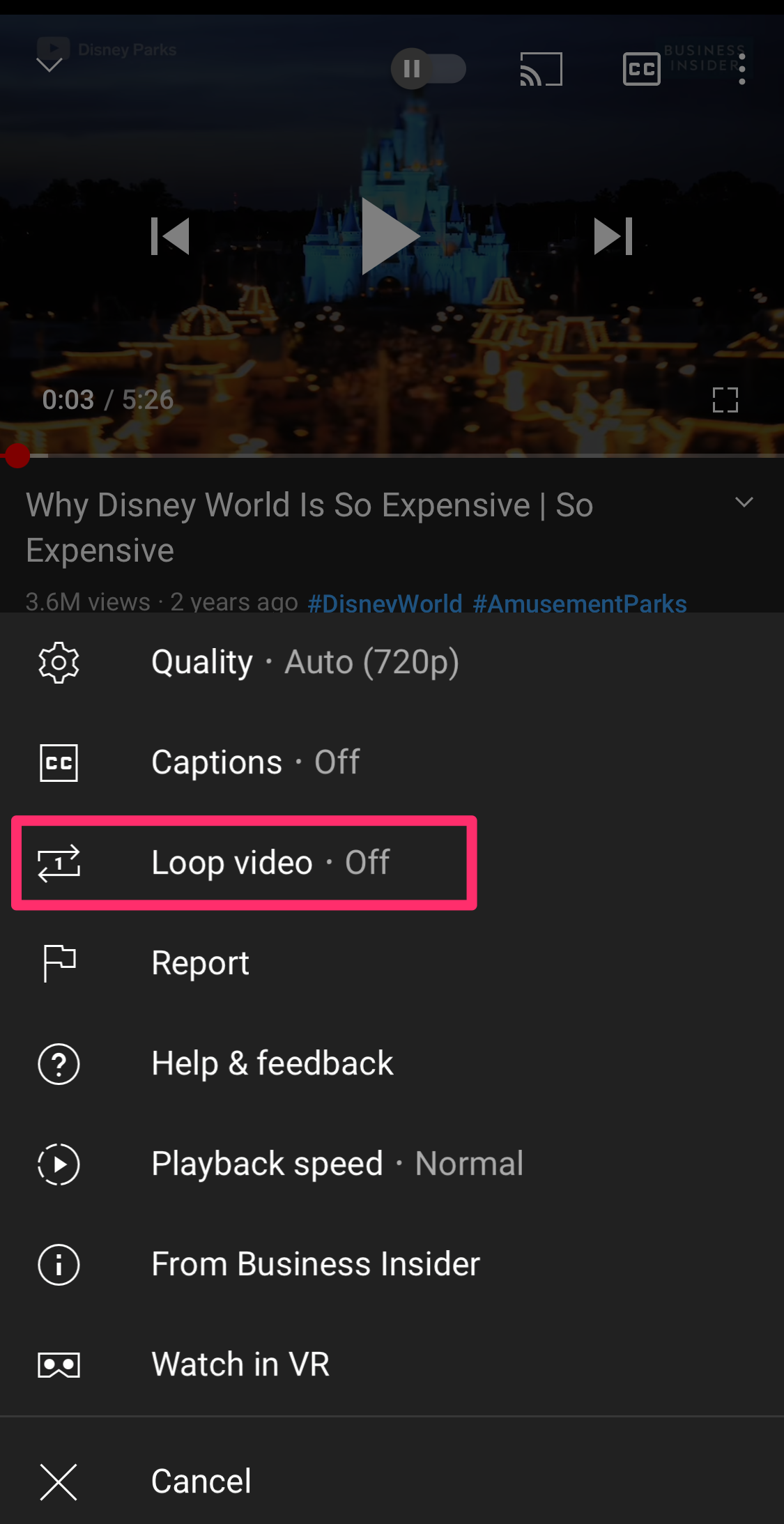 Screenshot of "Loop video" option on YouTube app