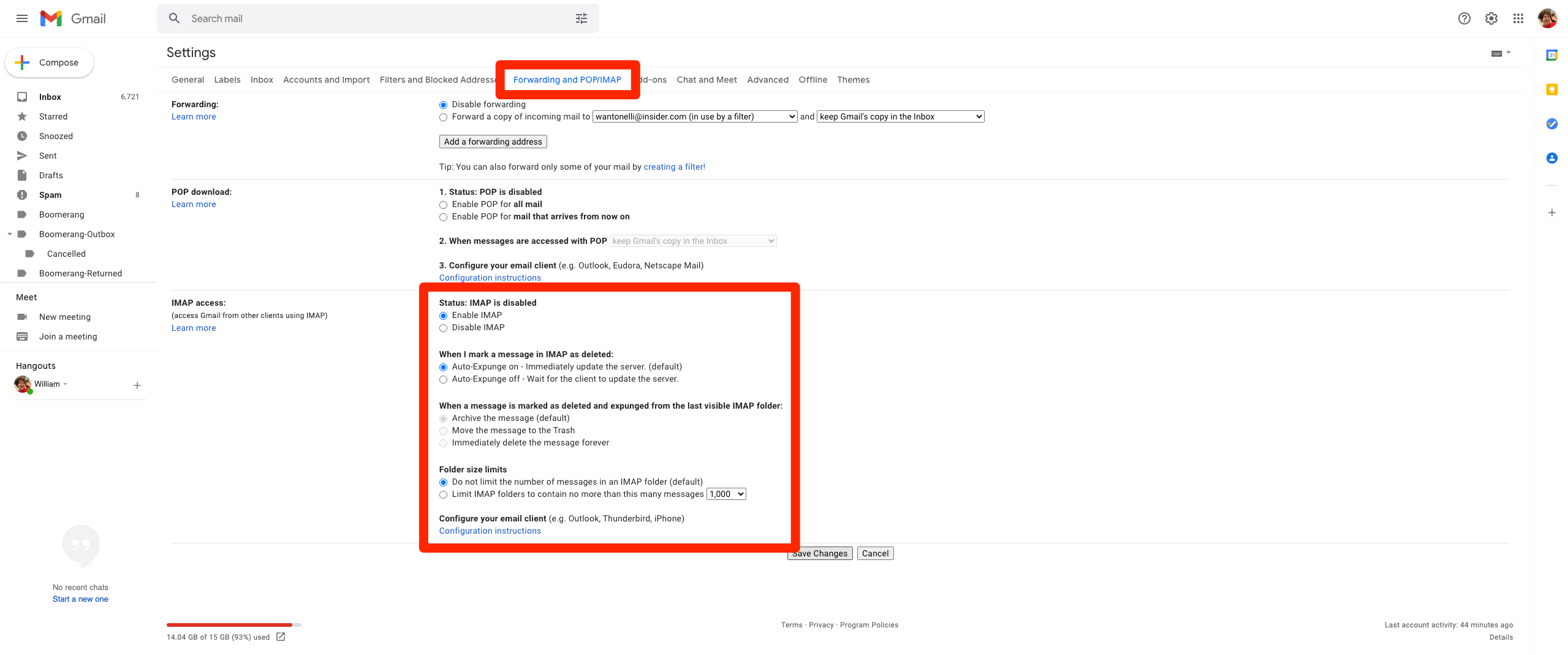 Gmail's Forwarding and POP/IMAP settings page, with the IMAP settings highlighted.