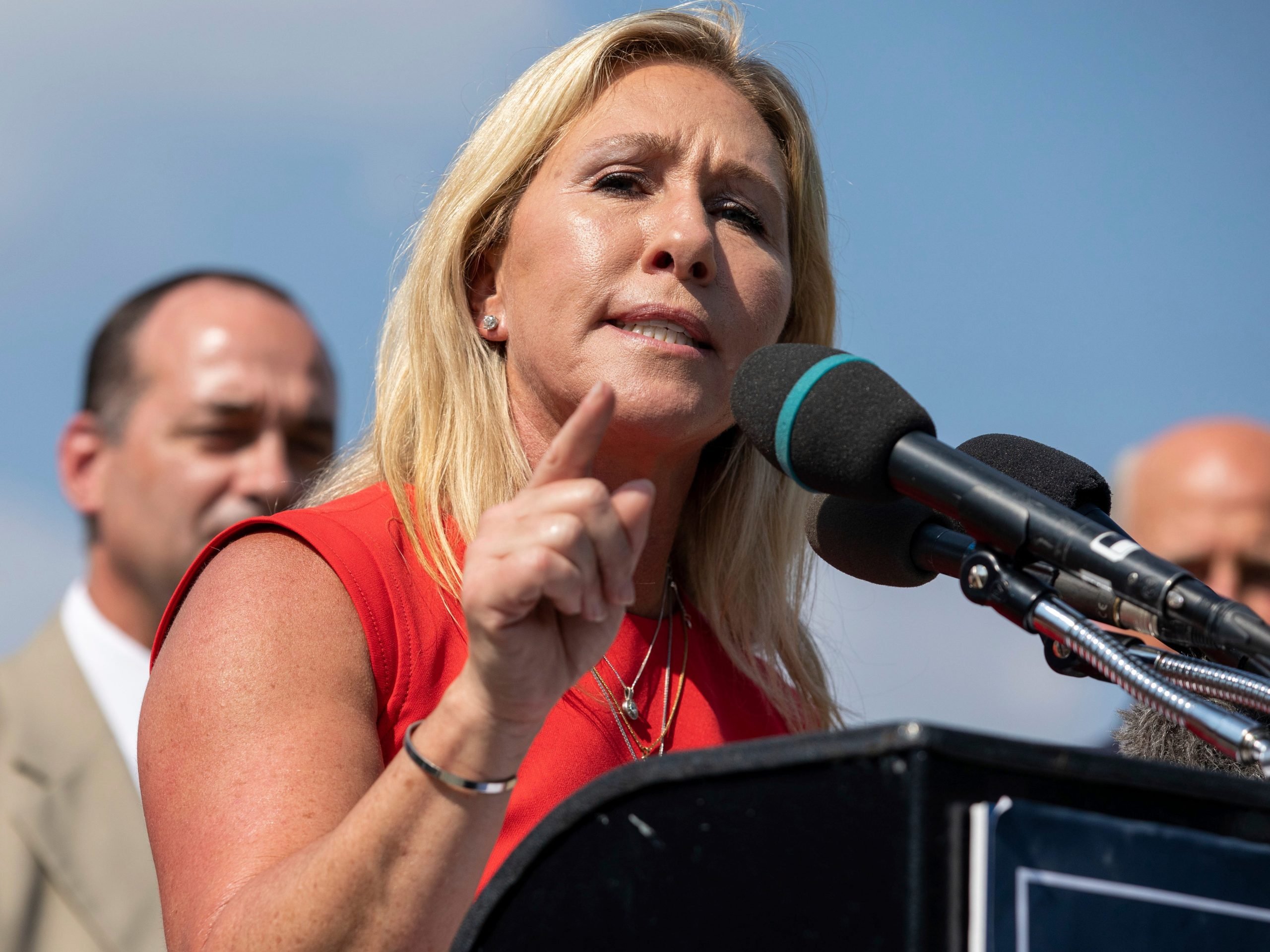 Marjorie Taylor Greene speaks at a House Freedom Caucus event