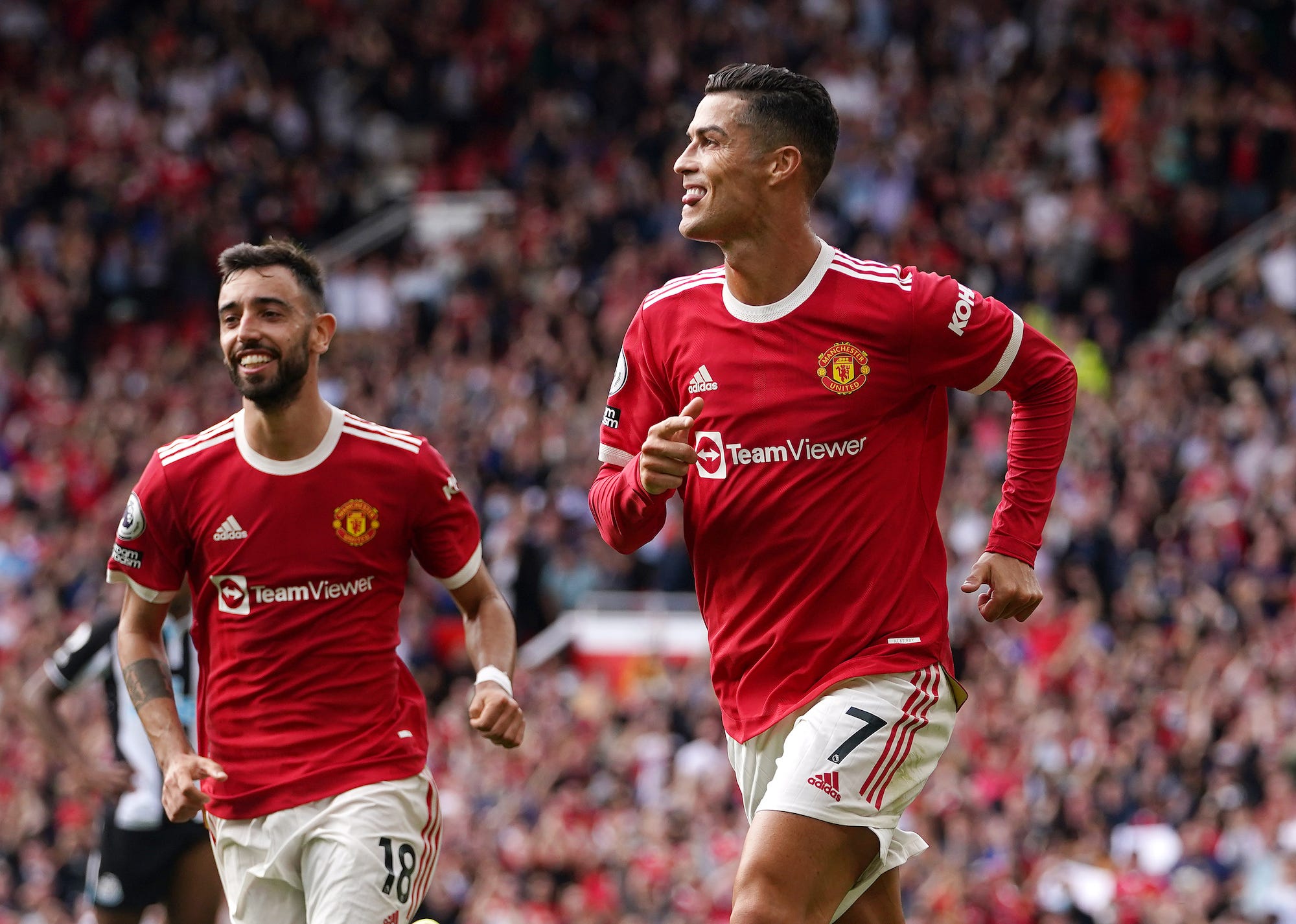 Manchester United's Cristiano Ronaldo celebrates scoring their side's first goal of the game during the Premier League match at Old Trafford, Manchester