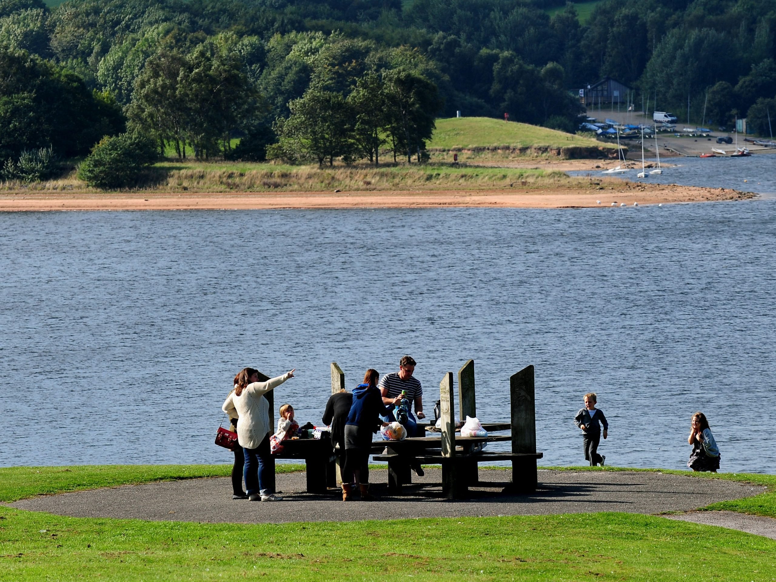 People enjoy the autumn weather at Foremark Reservoir, Derbyshire.