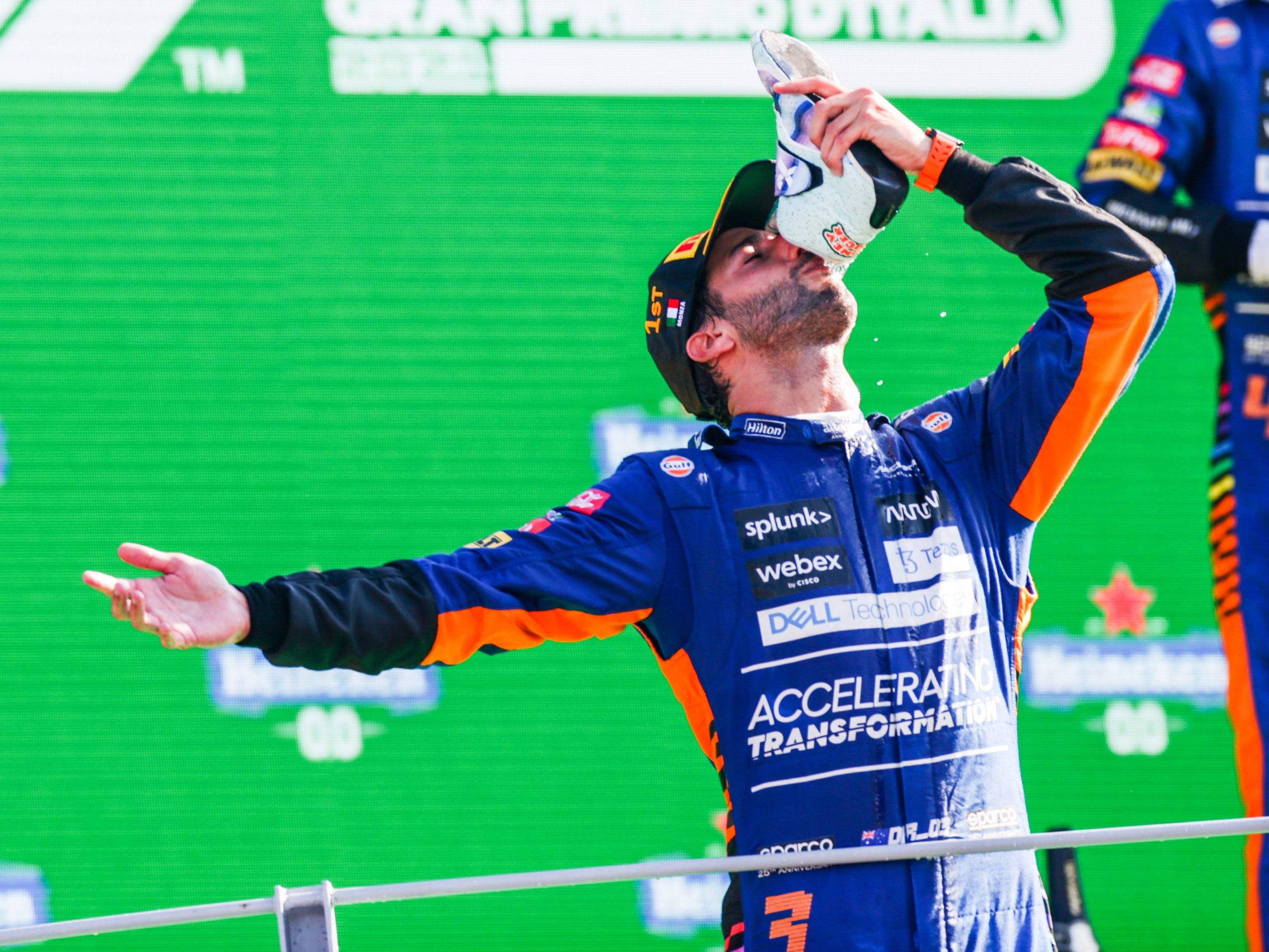 Daniel Ricciardo drinks from his shoe at the Italian Grand Prix