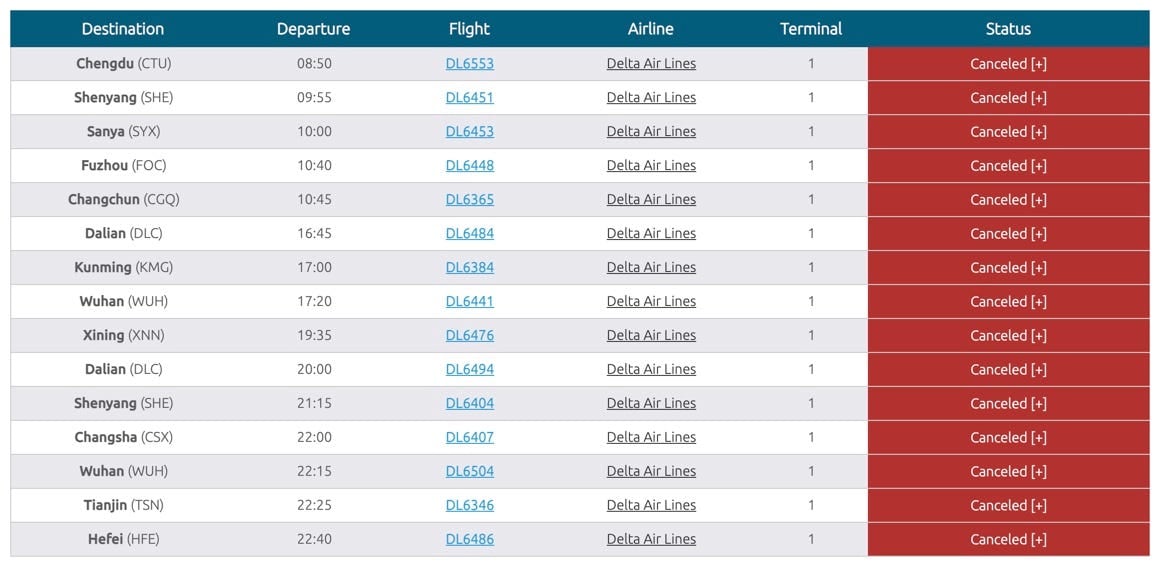 Delta Airlines Shanghai flights canceled