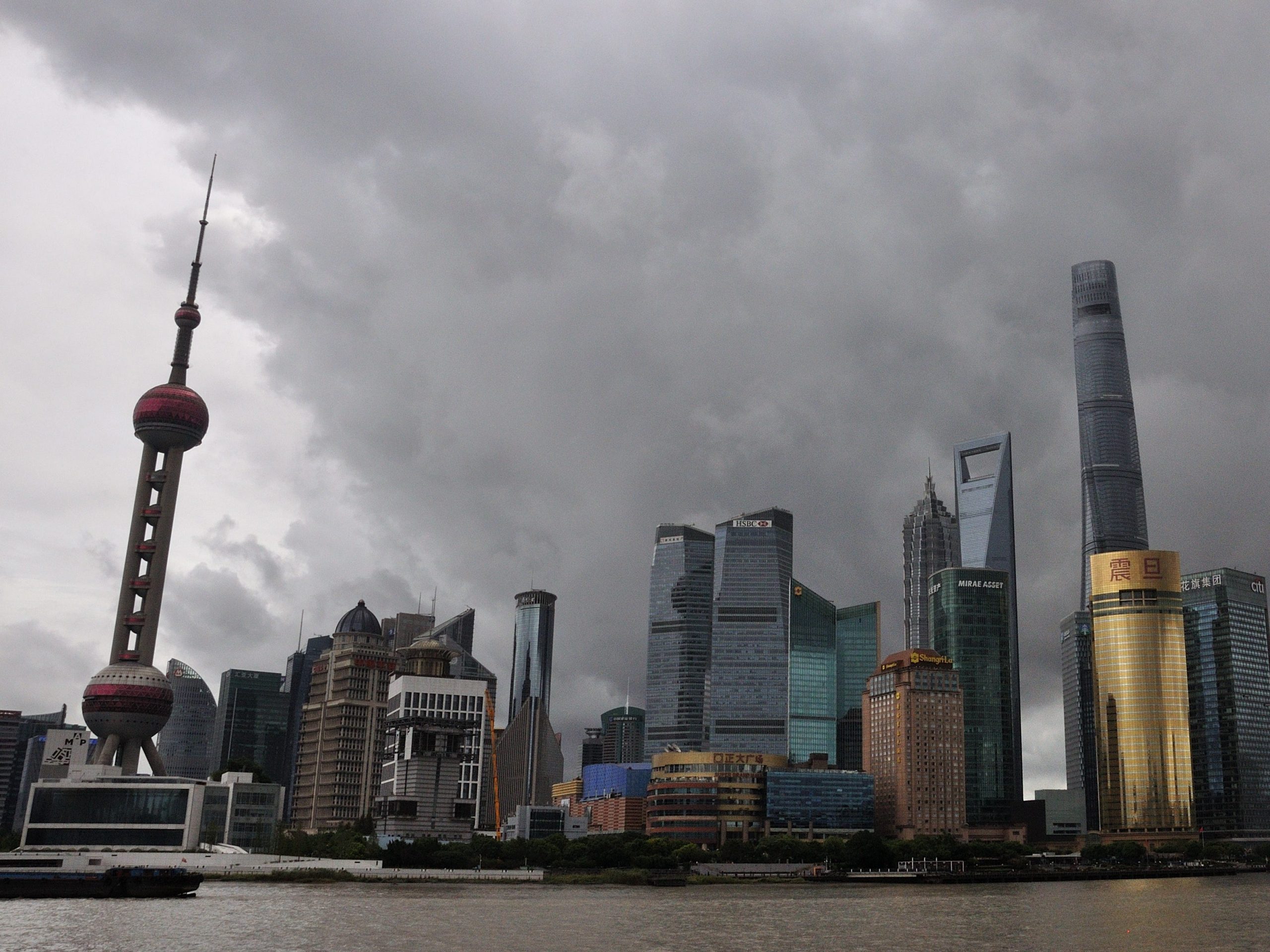 Dark clouds brought by typhoon Chanthu hang over the Bund on September 12, 2021 in Shanghai, China.