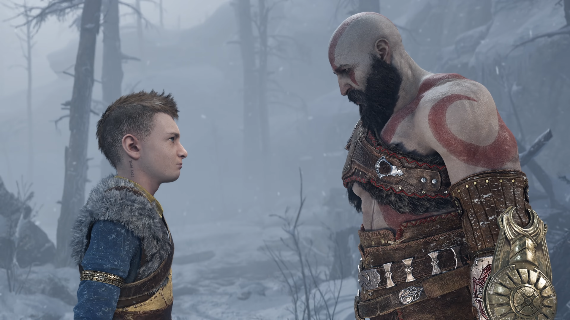 A screenshot from PlayStation 5 game "God of War: Ragnarok," featuring Kratos (right) and his son Atreus (left).