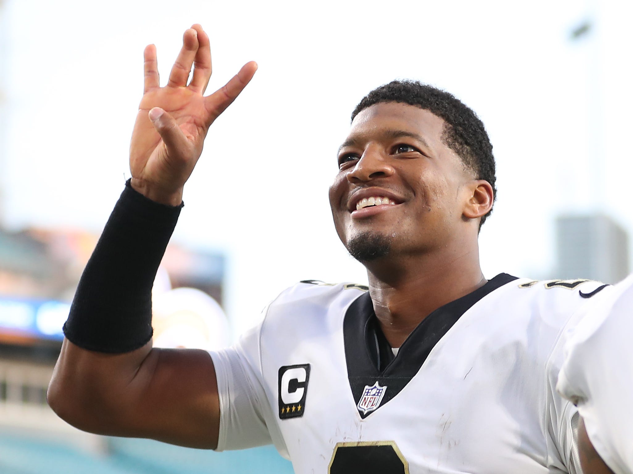 Jameis Winston celebrates after defeating the Green Bay Packers.