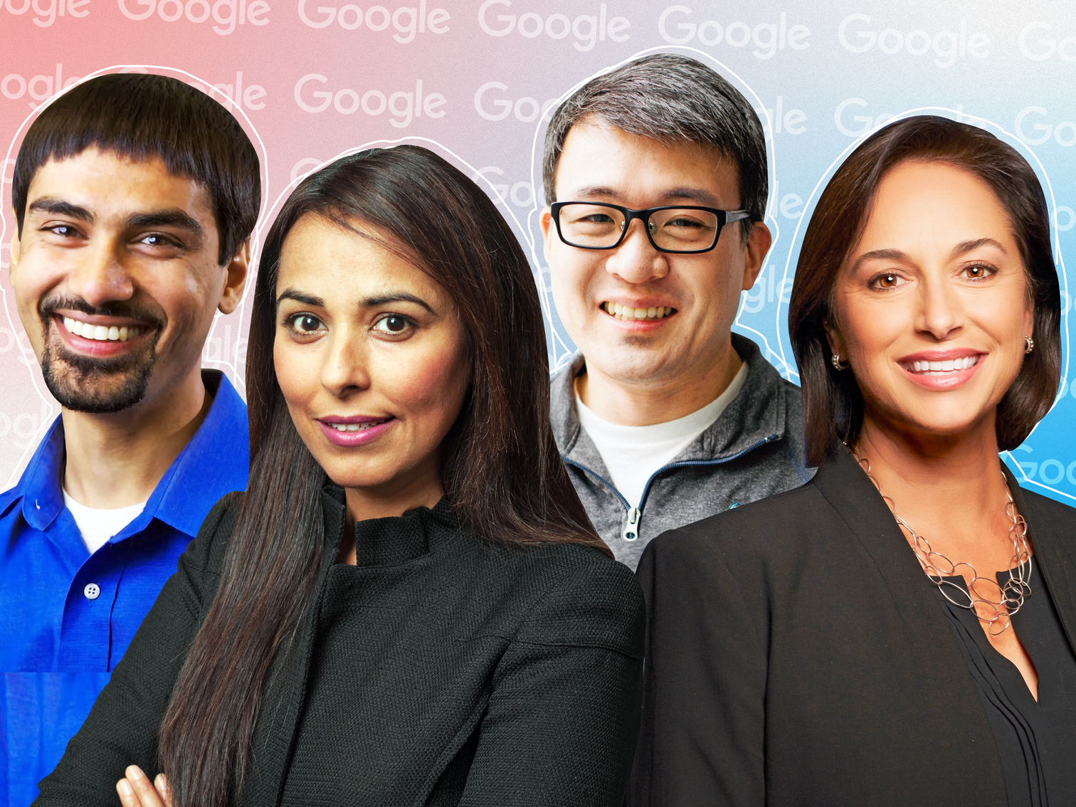 headshots of Shwetak Patel, Aashima Gupta, James Park, and Karen DeSalvo on top of a light blue and pink gradient background with subtle google logos tiled over it