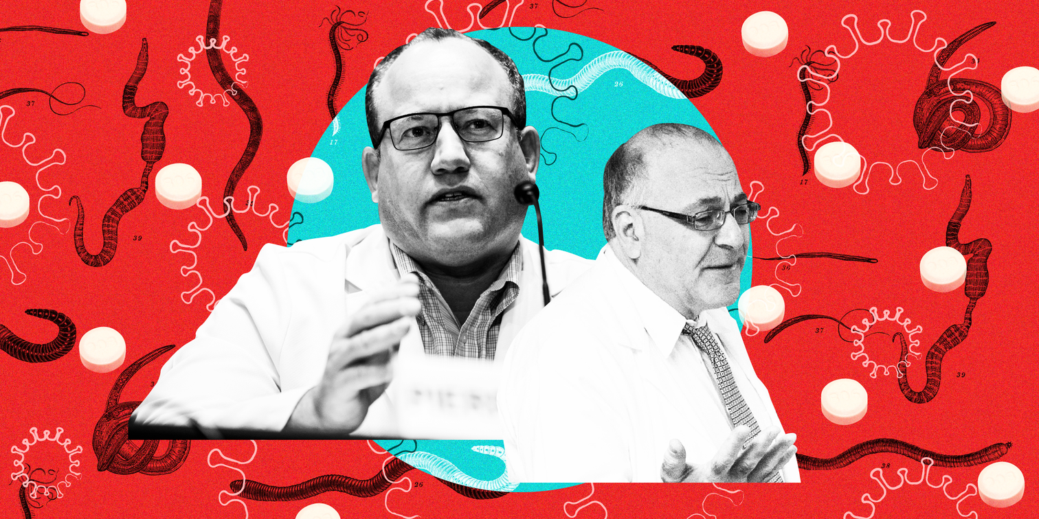 black and white cutouts of Dr. Pierre Kory and Dr. Paul Marik on a red background with coronavirus outlines, ivermectin tablets, and worm illustrations