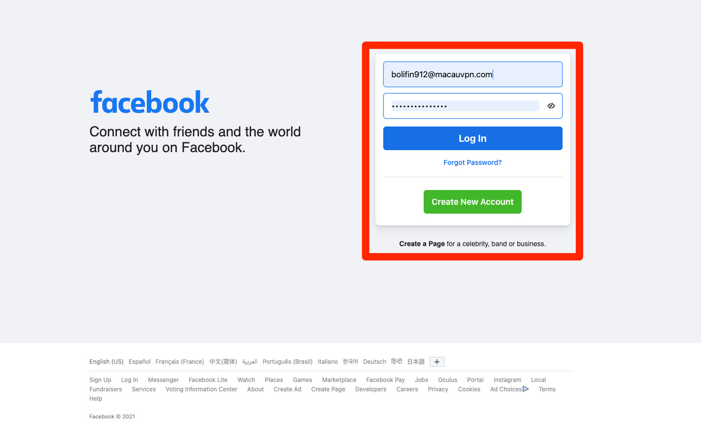 The Facebook website's login menu.