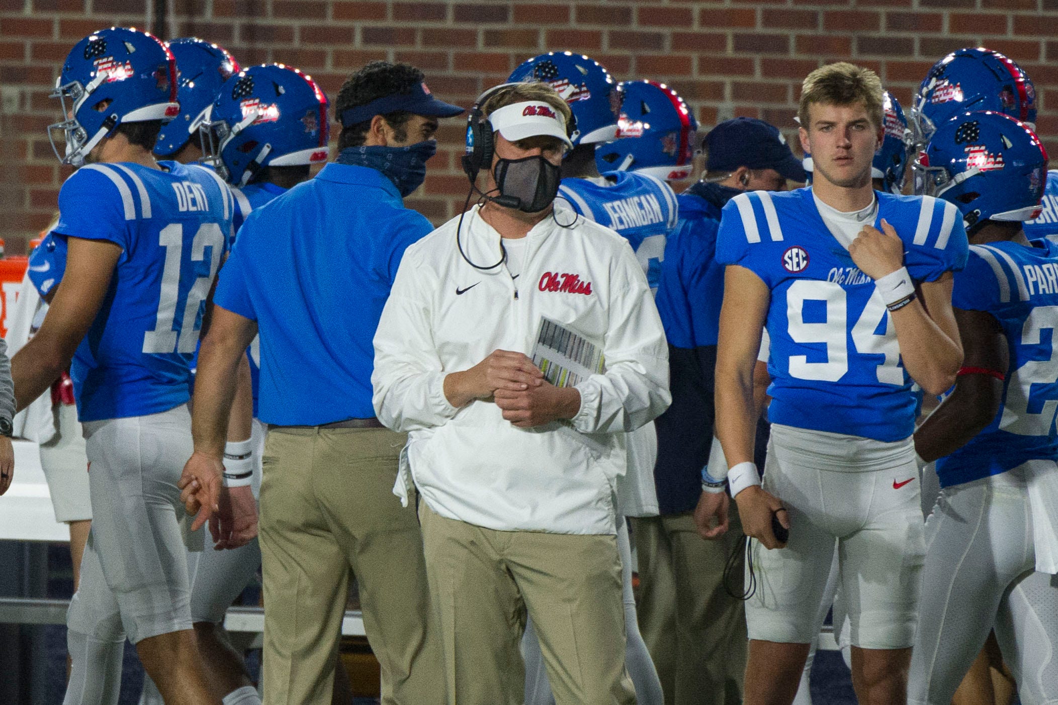 Lane Kiffin stands on the sideline for Ole Miss.