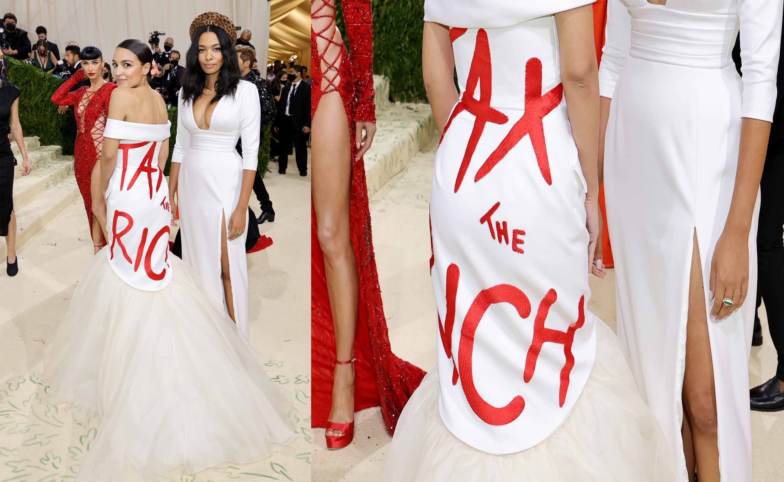 A picture of Democratic Rep. Alexandria Ocasio-Cortez wearing a dress with the phrase "Tax the Rich" at the 2021 Met Gala