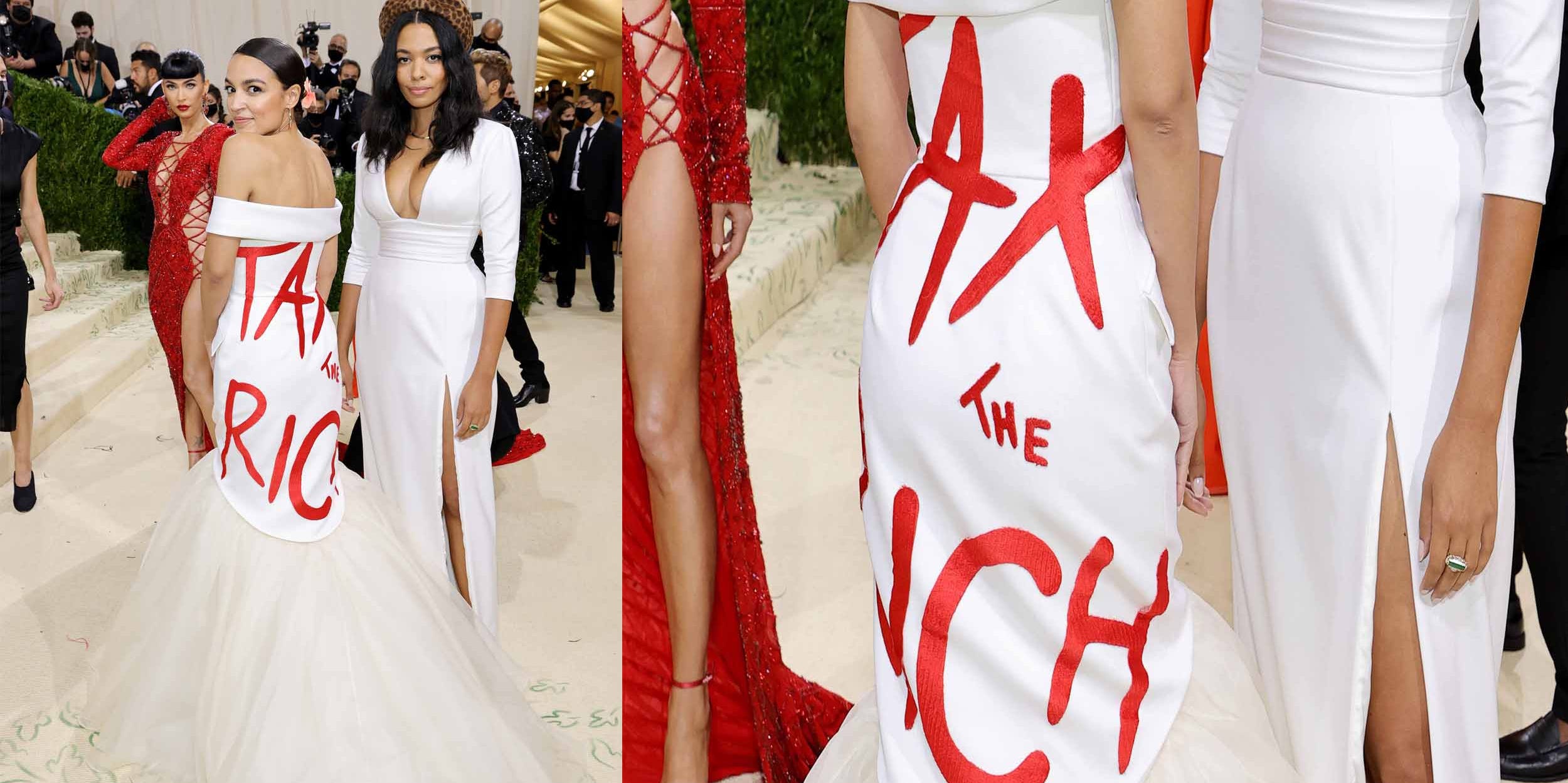 A picture of Democratic Rep. Alexandria Ocasio-Cortez wearing a dress with the phrase "Tax the Rich" at the 2021 Met Gala