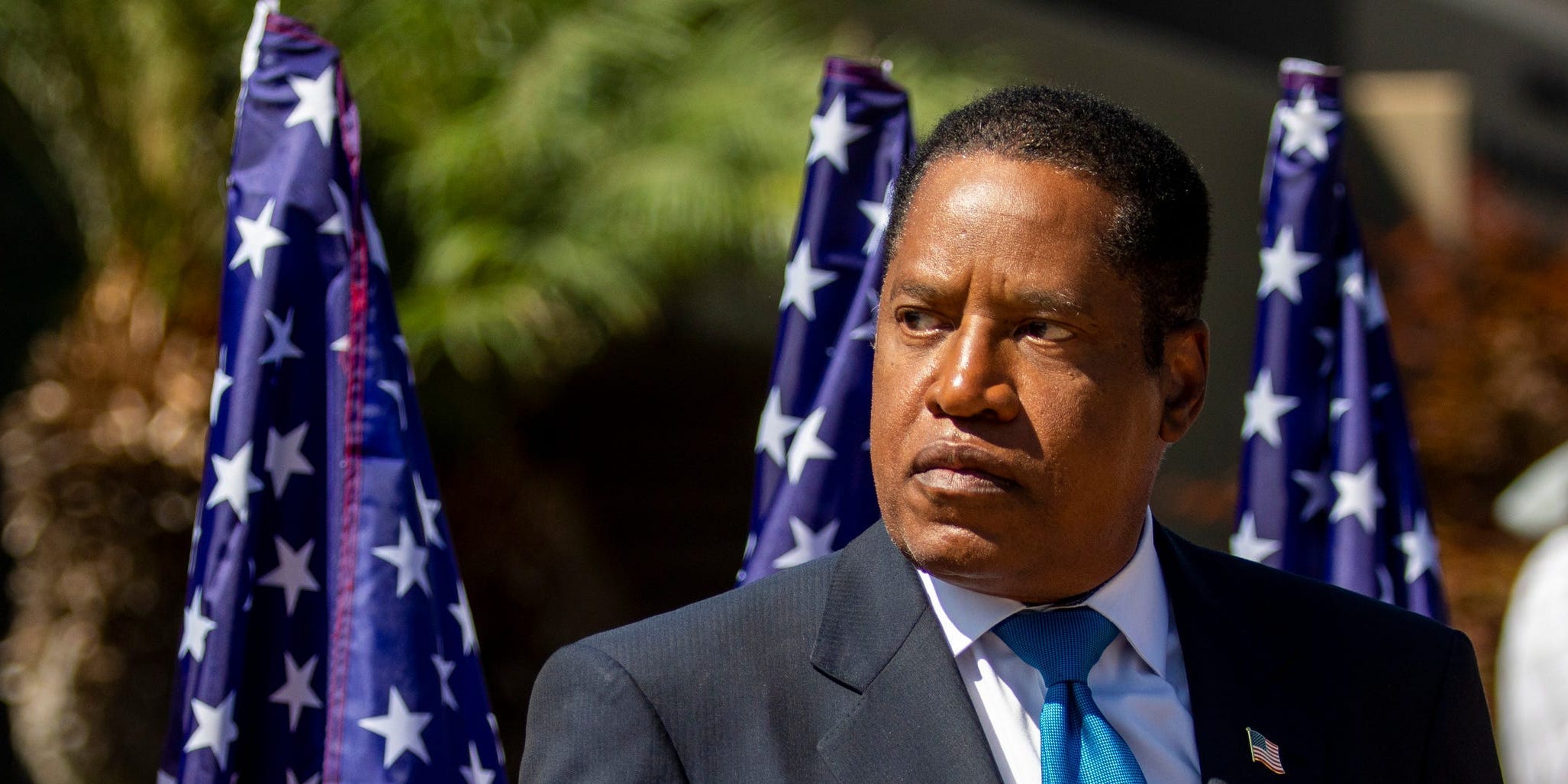 photo of Larry Elder seen on Monday, Sept. 13, 2021 holding a US flat in Los Angeles, CA.